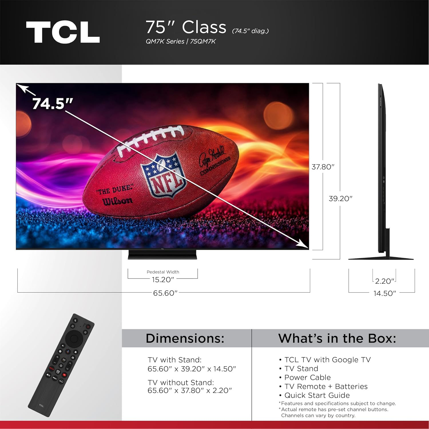 TCL 75 Inch Class QM7K Series | Mini LED QLED 4K HDR | 75QM7K, 2025 Model | 120HZ-144HZ Anti Reflective Screen Smart Google TV Dolby Atmos Onkyo Audio | Voice Remote Alexa Gaming Streaming Television