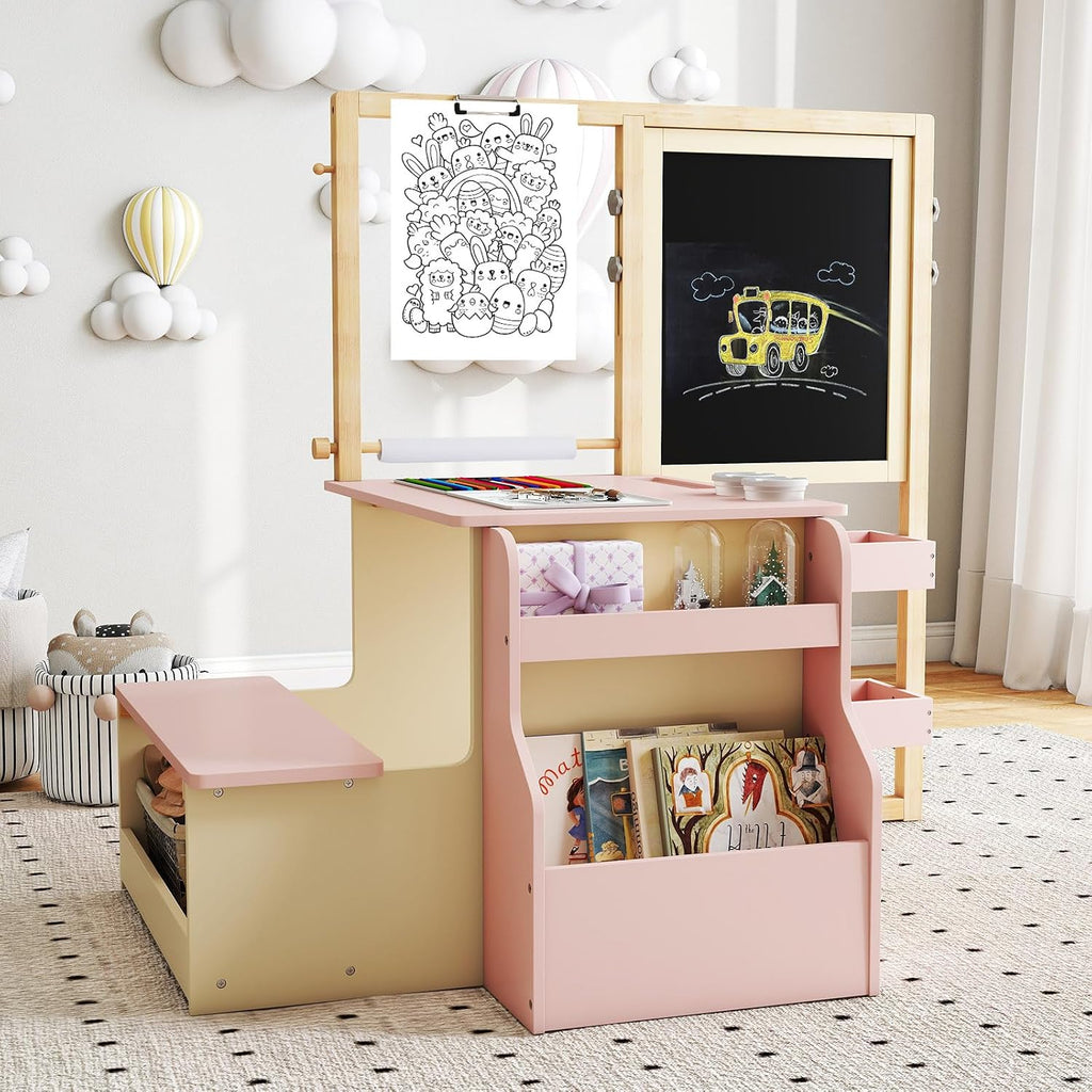 HONEY JOY Kids Art Easel, 6-in-1 Wooden Double-Sided Toddler Table & Chair Set w/Adjustable Magnetic White Board & Chalkboard, Paper Roll, Bookshelf, Storage, Toddler Easel for Kids (Pink)