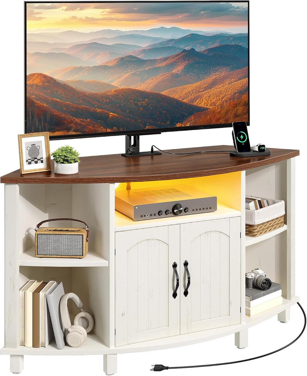YITAHOME Corner TV Stand with Mount for Living Room, Led Entertainment Center with Storage & Power Outlets, Farmhouse TV Stand for 70 Inch TV, Walnut & Warm White