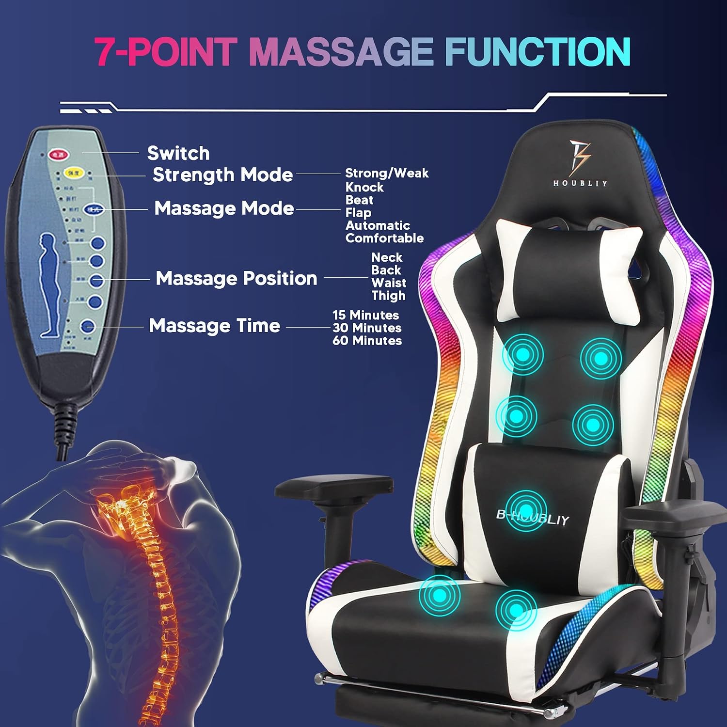 Ergonomic Pro Gaming Chair Video Game Chair with Footrest and 7-Point Massage Computer Chair with Speakers and RGB Lights Office Chairs Height Adjustable 4D Armrests Lumbar Support Headrest,Bl