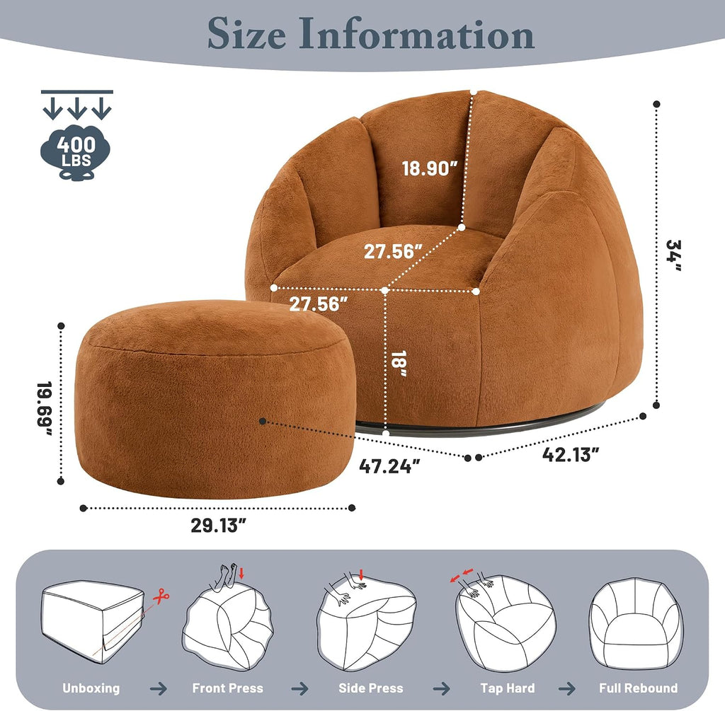 Gericco Giant Bean Bag Swivel Chair for Adults with Ottoman - Comfy Plush Round Shell Soft Accent Chaise Lounge Indoor Chair, Oversized Cozy Floor Sofa for Living Room Game Rooms, Orange