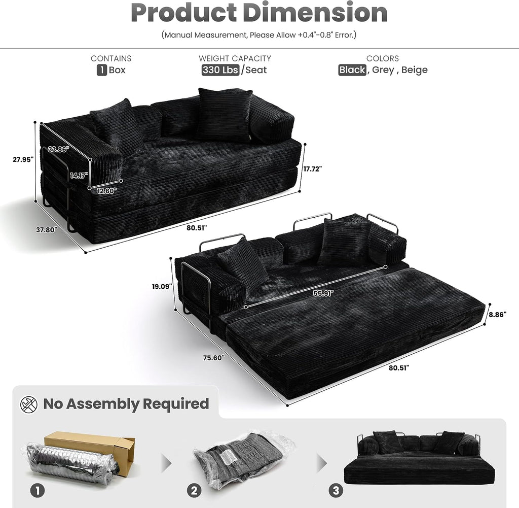 ovios 81' Folding Sofa Bed, Foldable Sleeper Boneless Couch with Pull Out Beds, Modular Convertible Floor Futon Loveseat Lounger for Living Room (Corduroy, Black)