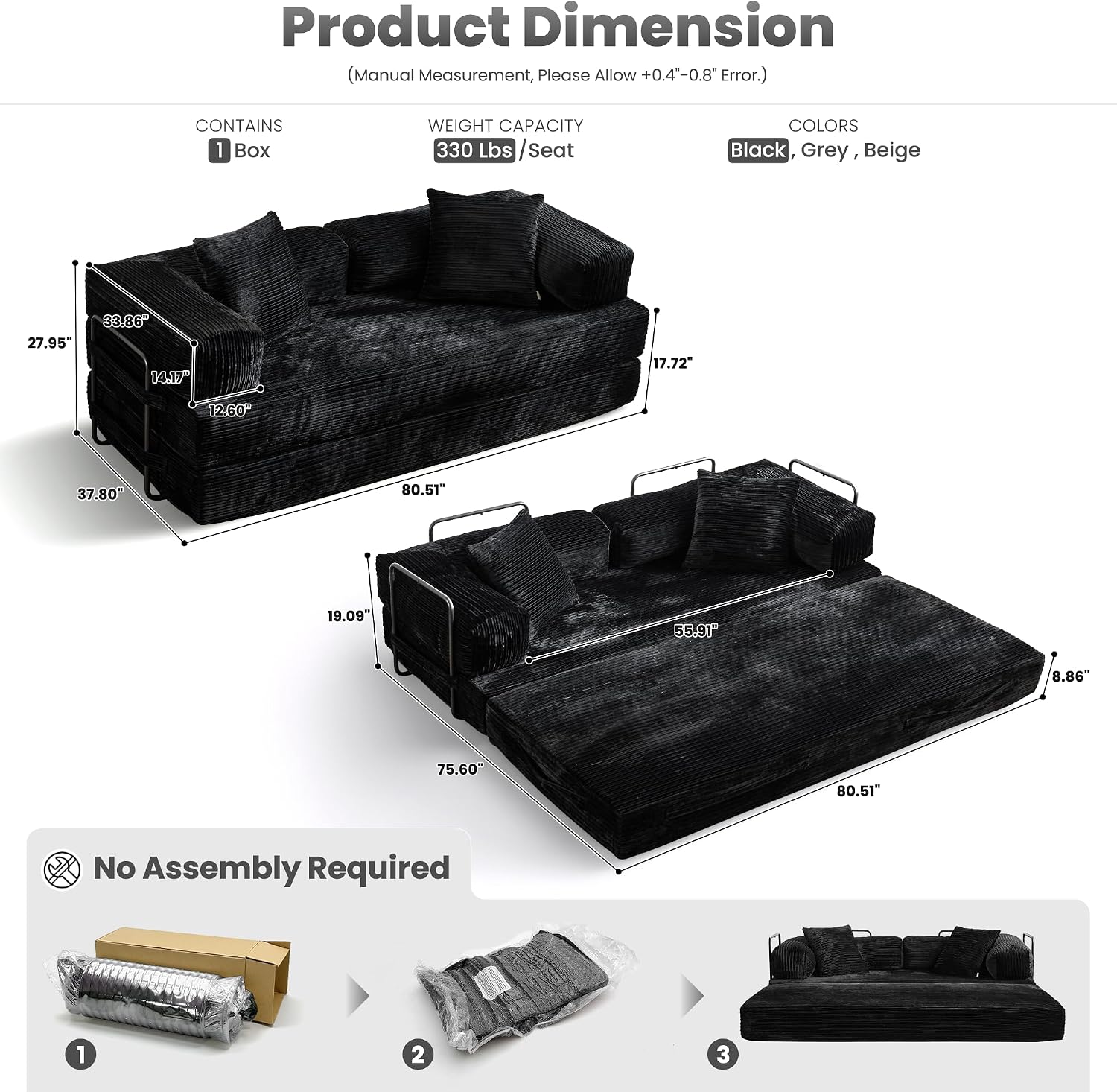 ovios 81' Folding Sofa Bed, Foldable Sleeper Boneless Couch with Pull Out Beds, Modular Convertible Floor Futon Loveseat Lounger for Living Room (Corduroy, Black)