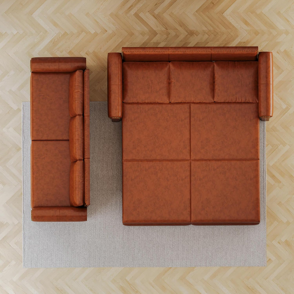 93.7' King Pull Out Sofa Bed, Faux Leather Sleeper Sofa Couch, 3 in 1 Convertible Futon Couches for Living Room, Small Space, Apartment, Office, Bedroom, Modern Rivet Armrest, Light Brown
