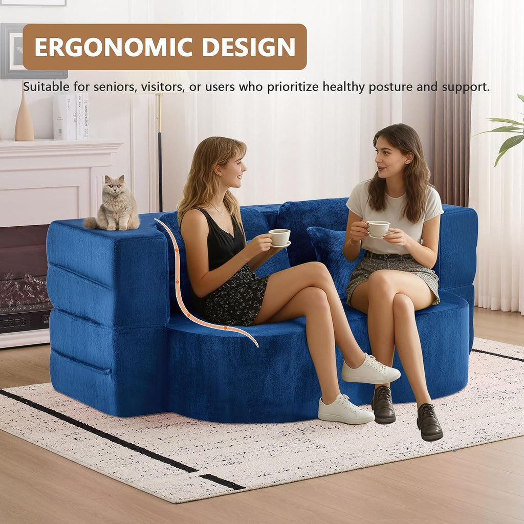 2-in-1 Folding Sofa Bed with Pillow, No Assembly Futon Twin Size Sofa Bed, Breathable Velvet Convertible Couch Bed for Living Room and Guest Room, 78.7 Inch, Blue