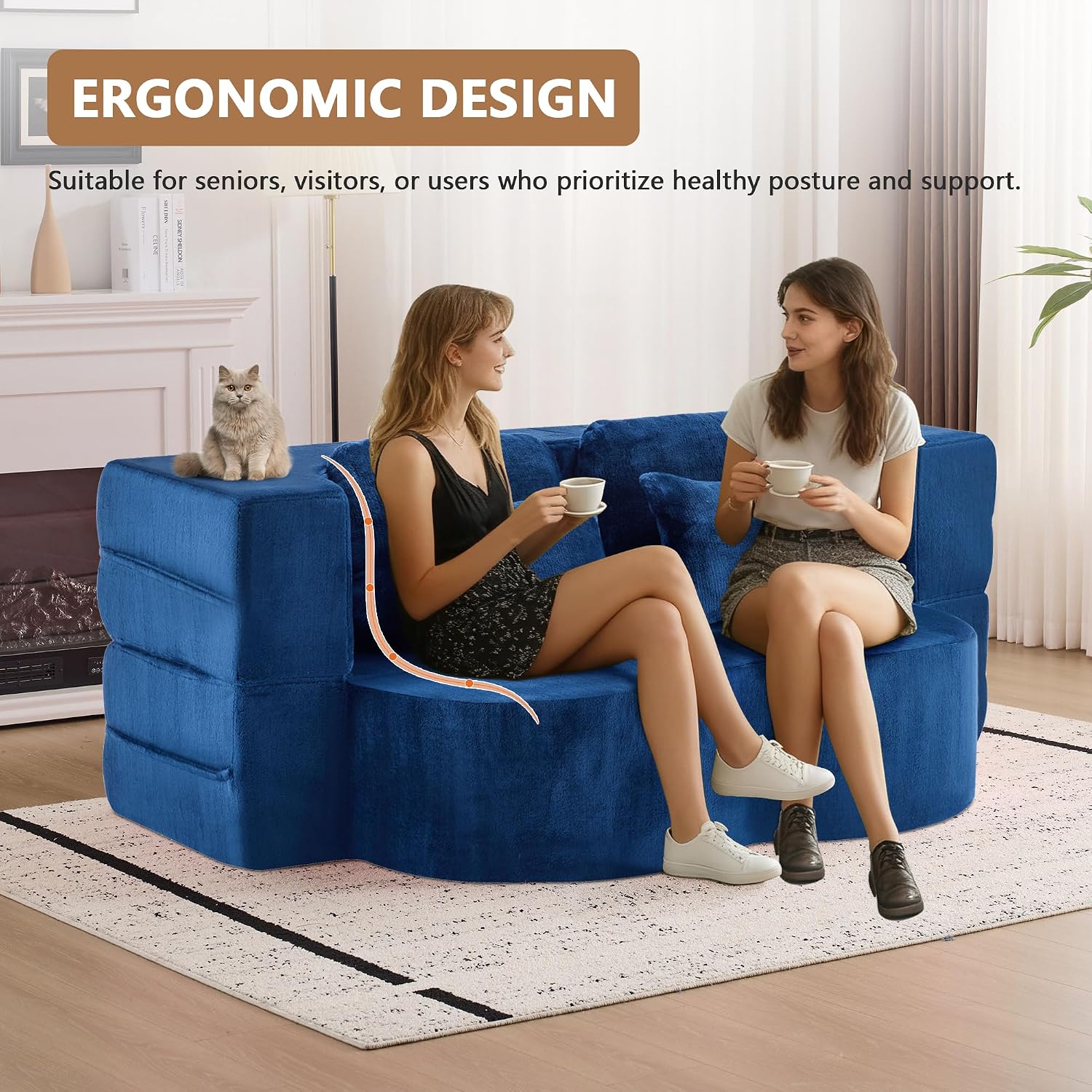 2-in-1 Folding Sofa Bed with Pillow, No Assembly Futon Twin Size Sofa Bed, Breathable Velvet Convertible Couch Bed for Living Room and Guest Room, 78.7 Inch, Blue