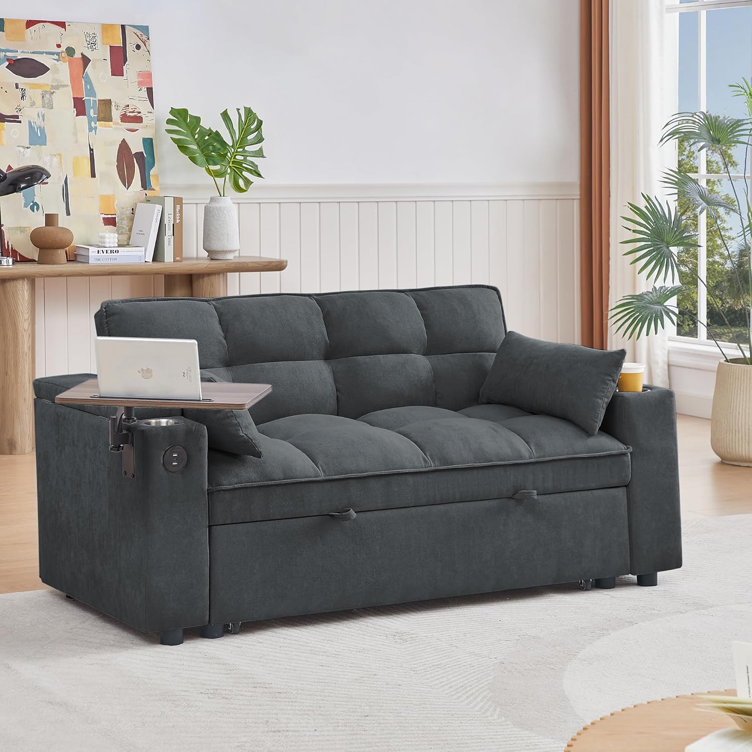 hansones 65'' 3-in-1 Folding Convertible Sofa Bed, Pullout Sofa, Modern Chenille Fabric, 360° Swivel Side Table, Easy Assembly, Perfect for Living Room, Grey