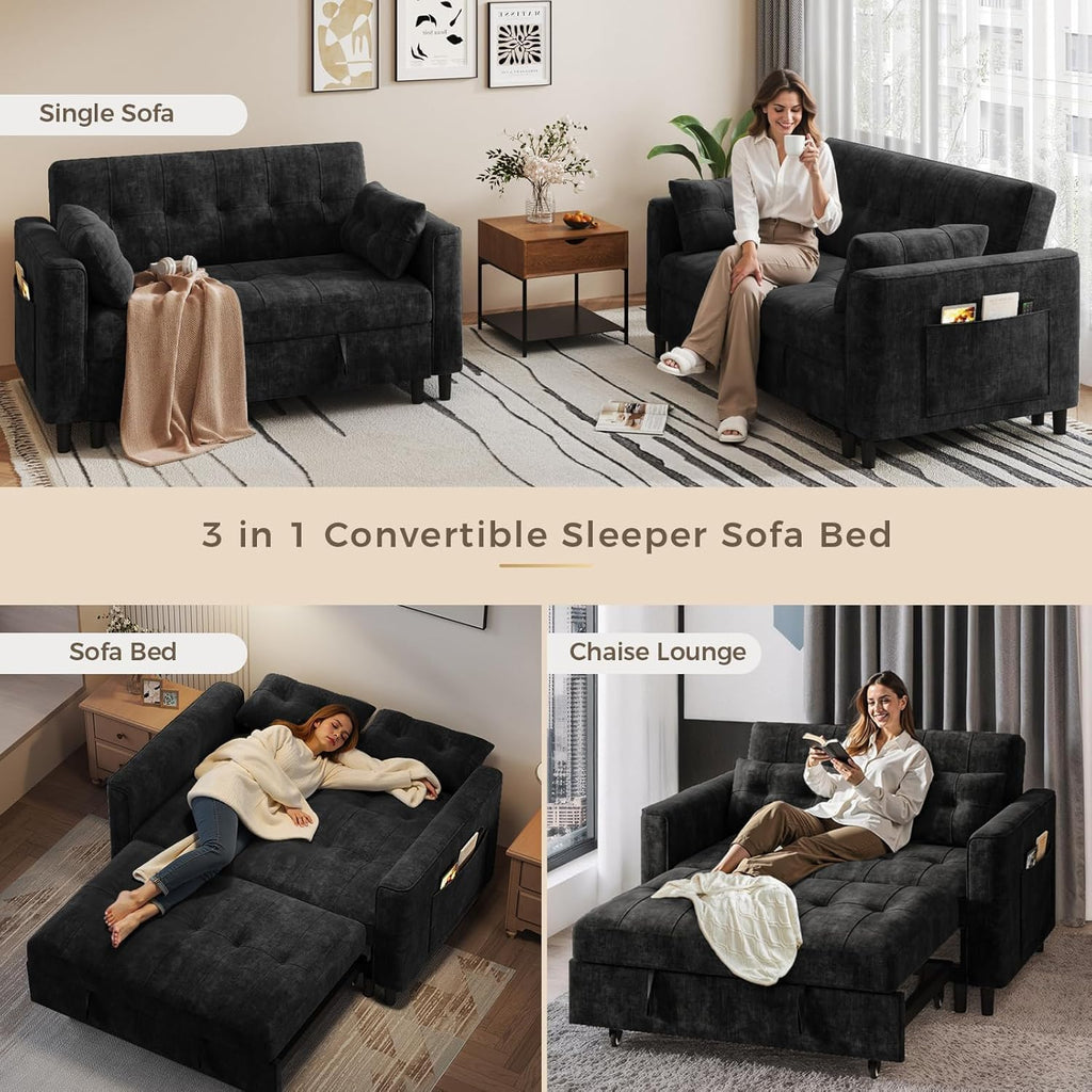 KKL 3 in 1 Convertible Sleeper Sofa Bed, Small Pull Out Couch Bed with Adjustable Backrest, Chenille Little Loveseat Couches with Side Pocket, Futon Sofa Beds Couch for Living Room, Bedroom (Black)