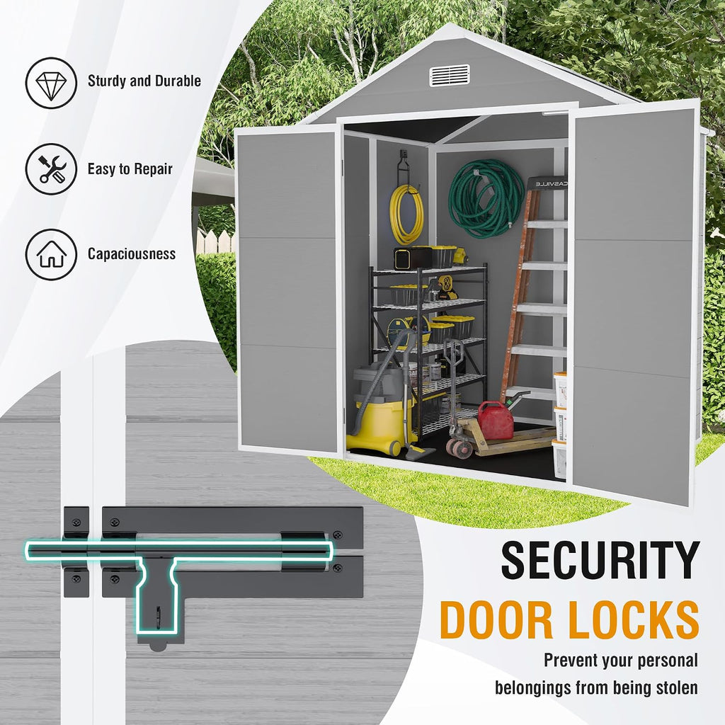 6x5 FT Outdoor Storage Shed, Plastic Garden Shed with Floor, Resin Storage Shed with Window, Waterproof Outside Tool Shed with Lockable Hinged Doors & Air Vents for Backyard, Patio, Lawn, Gray