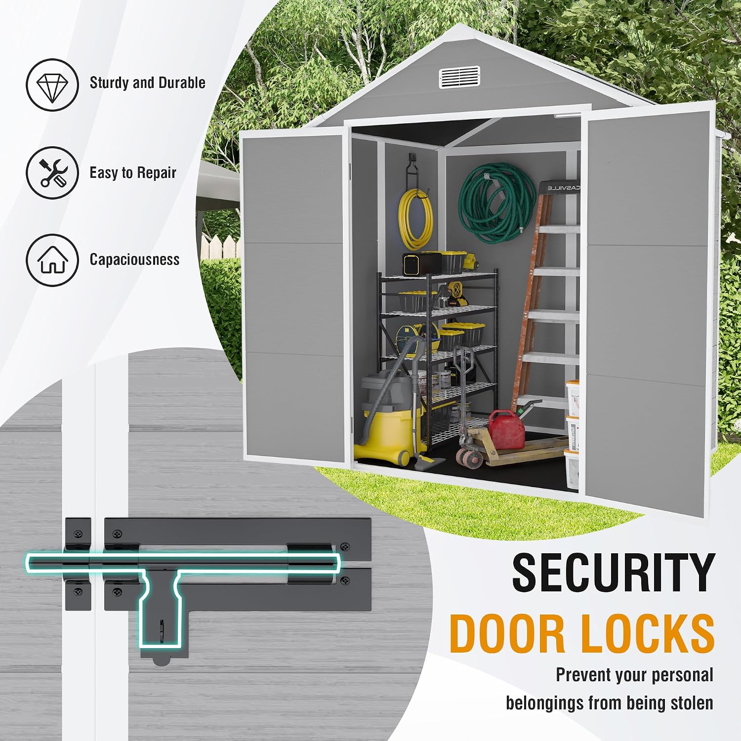 6x5 FT Outdoor Storage Shed, Plastic Garden Shed with Floor, Resin Storage Shed with Window, Waterproof Outside Tool Shed with Lockable Hinged Doors & Air Vents for Backyard, Patio, Lawn, Gray
