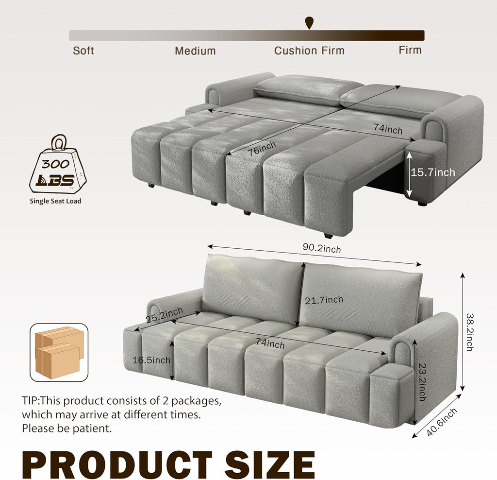 90.2' Futon Sofa Bed King, 3-in-1 Teddy Convertible Sofa, Upholstered Loveseat Couch with Pull Out Bed, L Shape Couches Small Spaces, Deep Seat, Storage for Living Room, Apartment, Light Grey