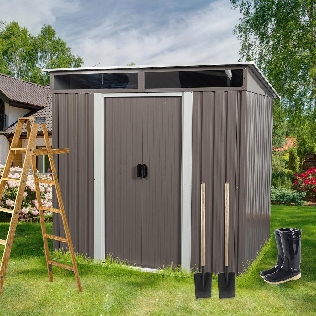 KELRIA 6ft x 6ft Outdoor Metal Storage Shed with Metal Floor Base,Metal Outdoor Storage Sheds with Sliding Doors, Large Garden Shed Outdoor Utility Tool Shed with Pent Roof for Backyard Lawn, Coffee