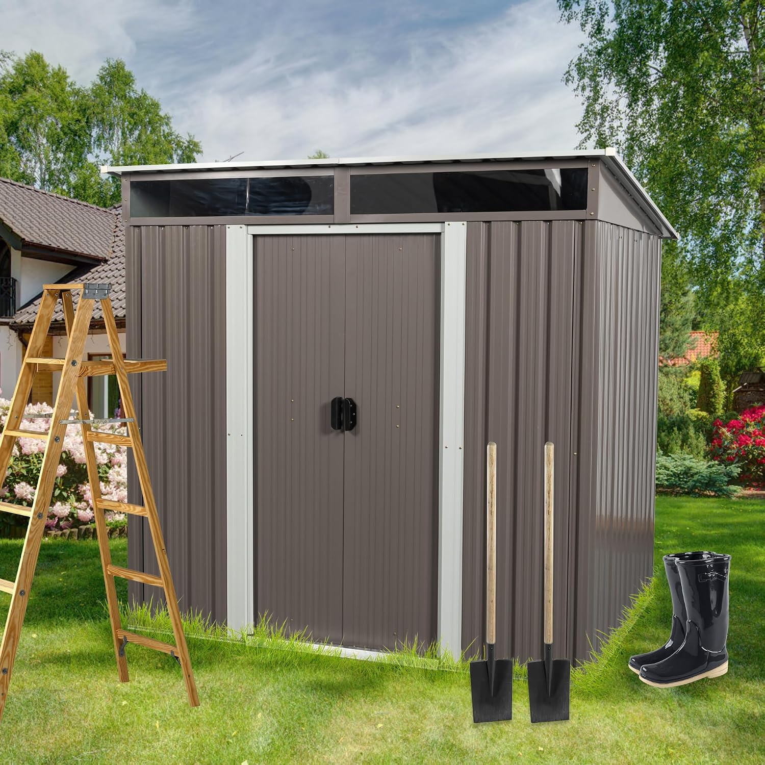 KELRIA 6ft x 6ft Outdoor Metal Storage Shed with Metal Floor Base,Metal Outdoor Storage Sheds with Sliding Doors, Large Garden Shed Outdoor Utility Tool Shed with Pent Roof for Backyard Lawn, Coffee