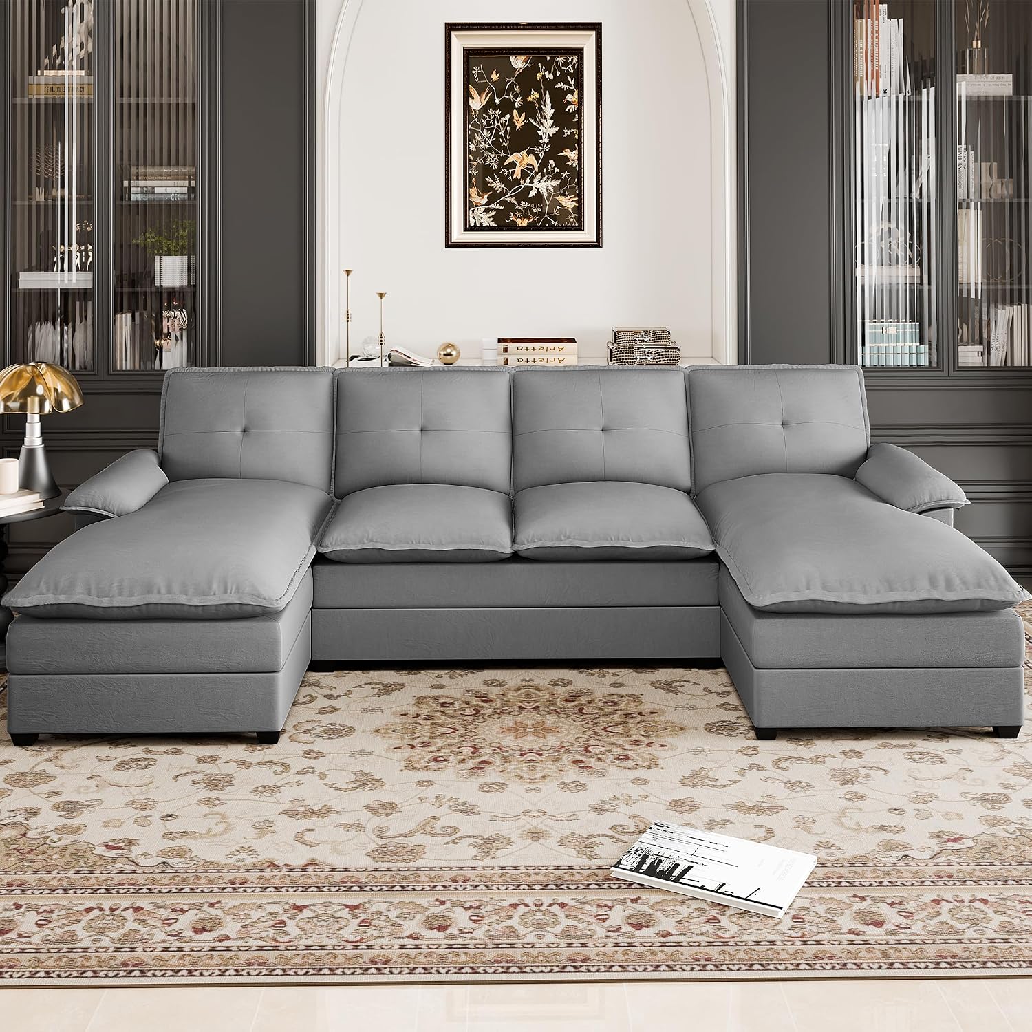 U Shaped Sectional Couch for Living Room,110' 4-Seater Comfy Couch with Double Chaise,Deep Seat Modular Sofa Couches with Thick Cushion & Soft Backrest,Light Grey