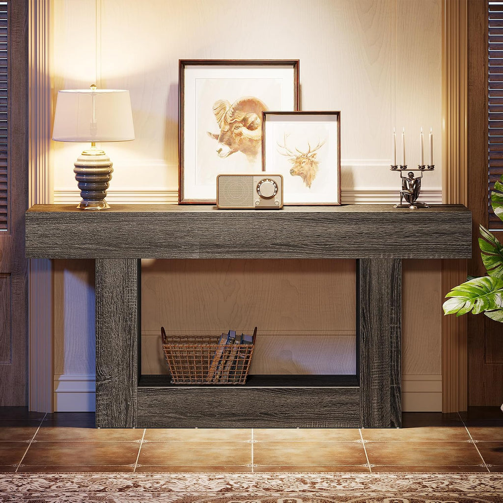 Tribesigns 63' Console Table, Farmhouse 2-Tier Entryway Table with U-Shaped Base, Narrow Long Wood Sofa Table Behind Couch Table for Living Room, Hallway, Foyer, Gray