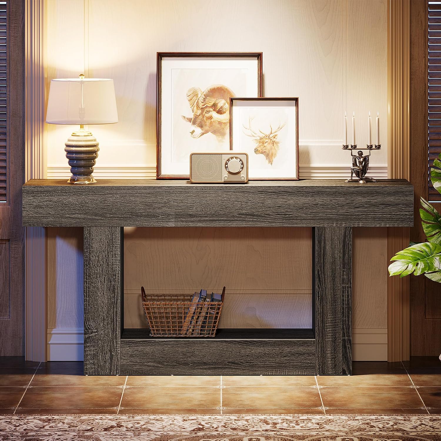 Tribesigns 63' Console Table, Farmhouse 2-Tier Entryway Table with U-Shaped Base, Narrow Long Wood Sofa Table Behind Couch Table for Living Room, Hallway, Foyer, Gray