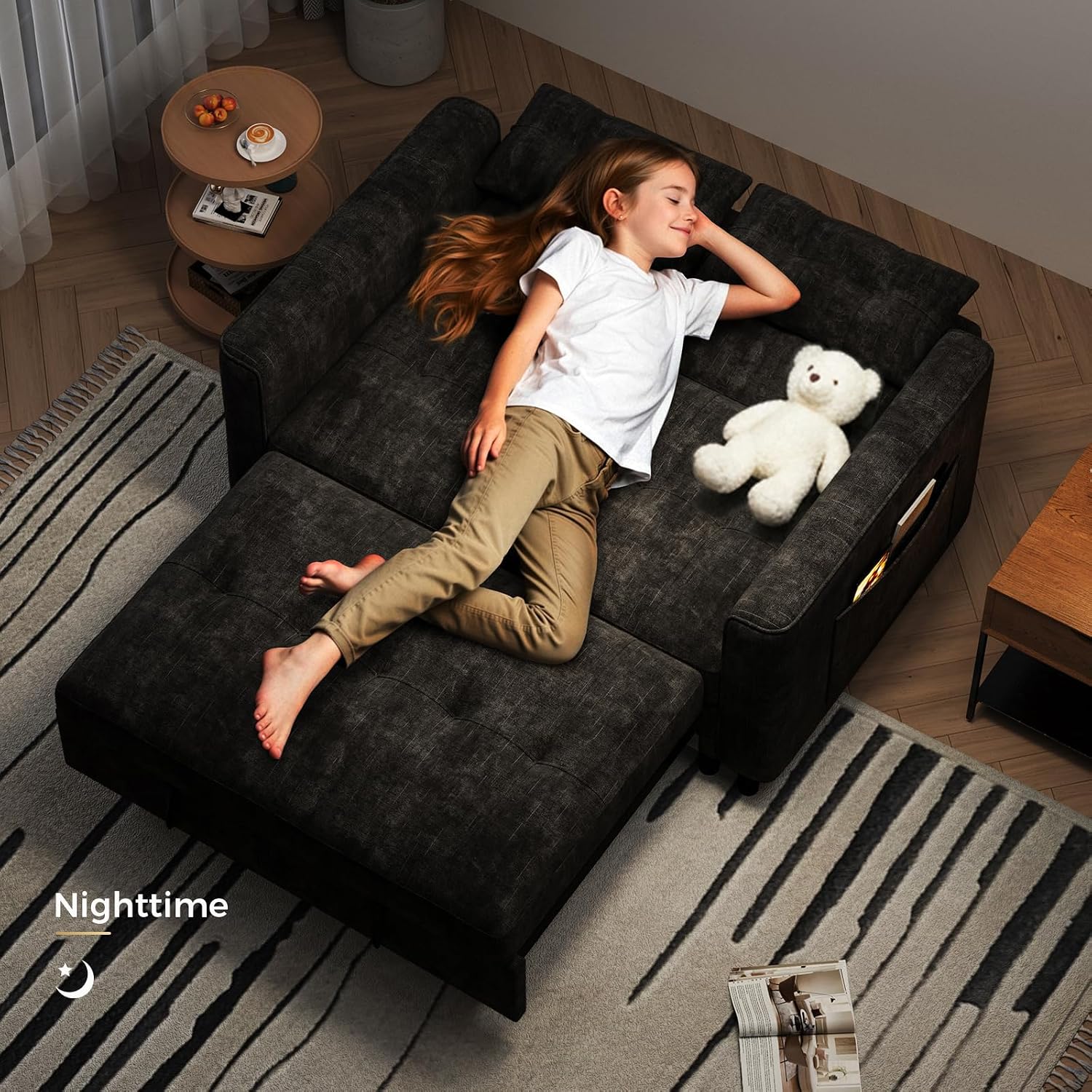 KKL 3 in 1 Convertible Sleeper Sofa Bed, Small Pull Out Couch Bed with Adjustable Backrest, Chenille Little Loveseat Couches with Side Pocket, Futon Sofa Beds Couch for Living Room, Bedroom (Black)