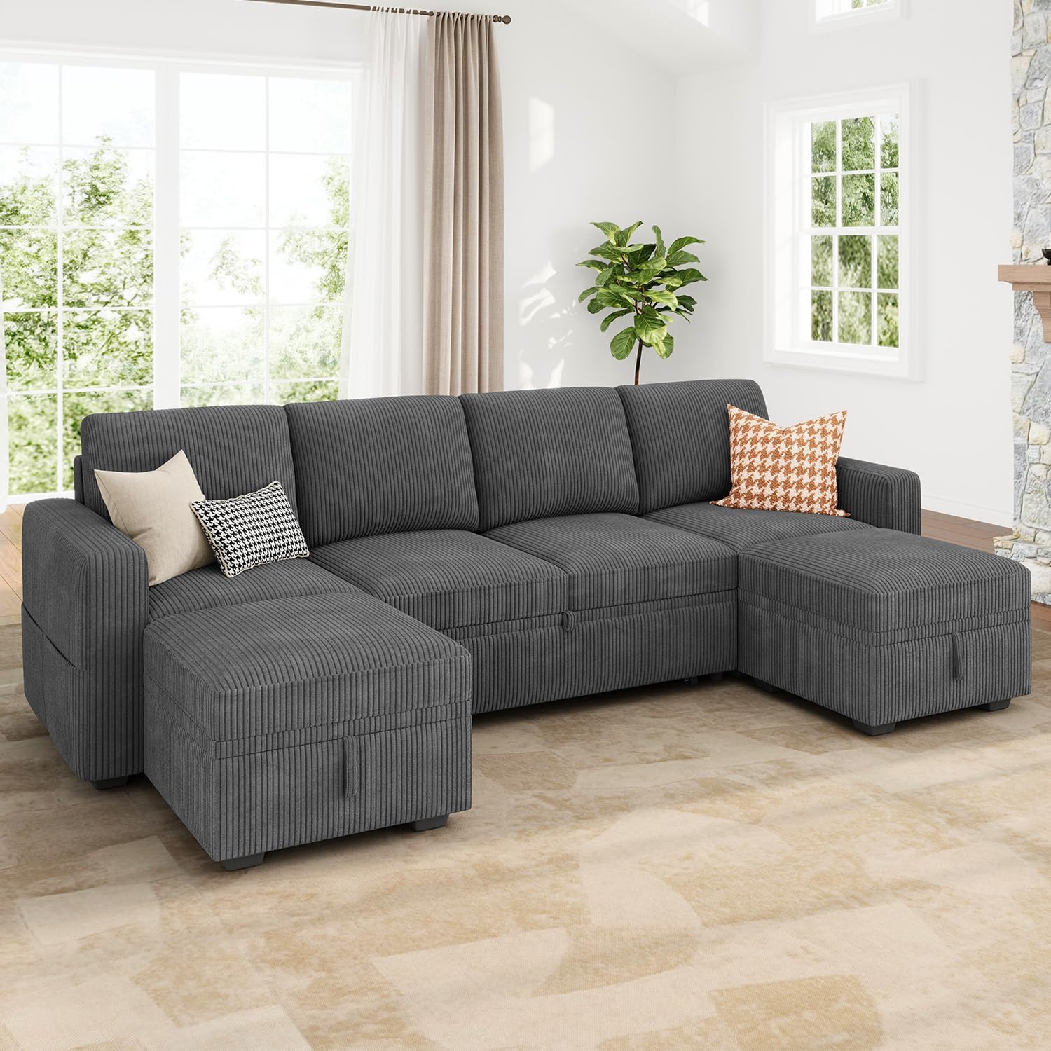 HONBAY Modular Sectional Sleeper Sofa Bed, Corduroy Pull Out Couch with Storage Ottoman, U Shaped Sectional Couches for Living Room, Dark Grey