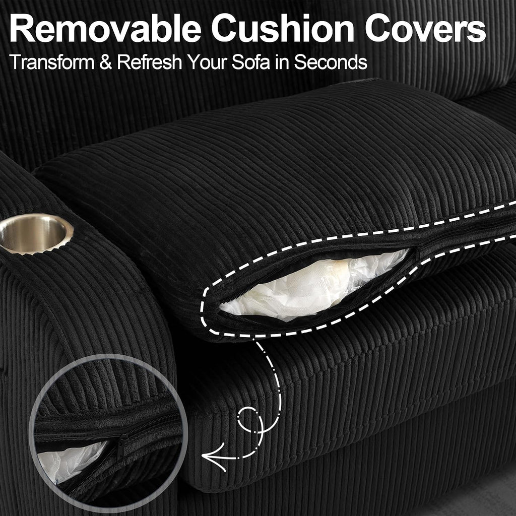 87.4' Oversized 3 Seater Couch, Upholstered Sofa for Living Room,Modern Deep Seat Comfy Loveseat Couches with Cup Holders,Corduroy Love Seat Sofa (Black)