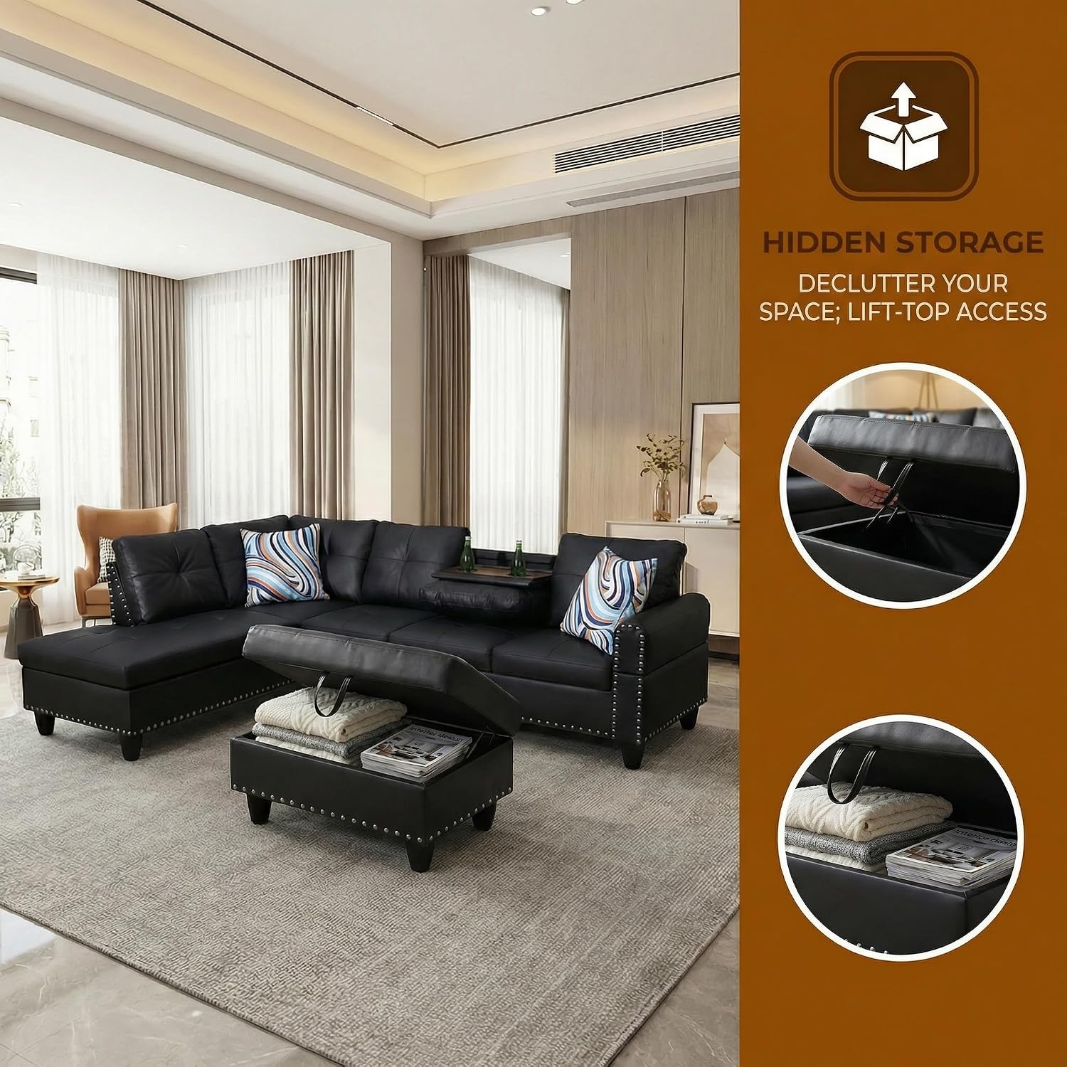 Leather 3-Piece L-Shaped Sectional Sofa with Storage Ottoman & Movable Chaise - Modular Convertible Couch for Living Room, Bedroom & Small Apartment, Jet Black