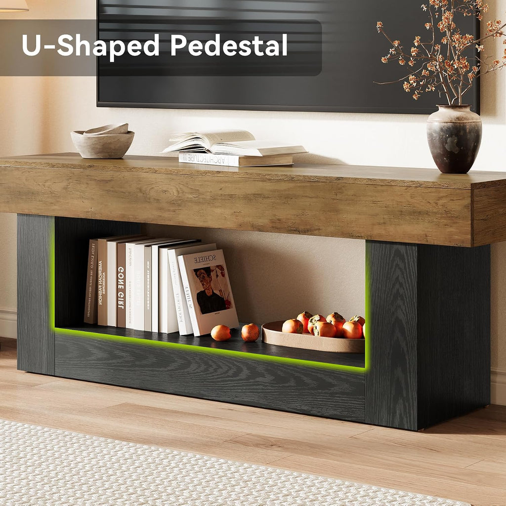LITTLE TREE 63 Inches Long TV Stand for TVs Up to 70 Inches, Modern Television Stand for Living Room, Entertainment Center with U-Shaped Pedestal & Open Storage Shelf, Media TV Console, Brown & Black