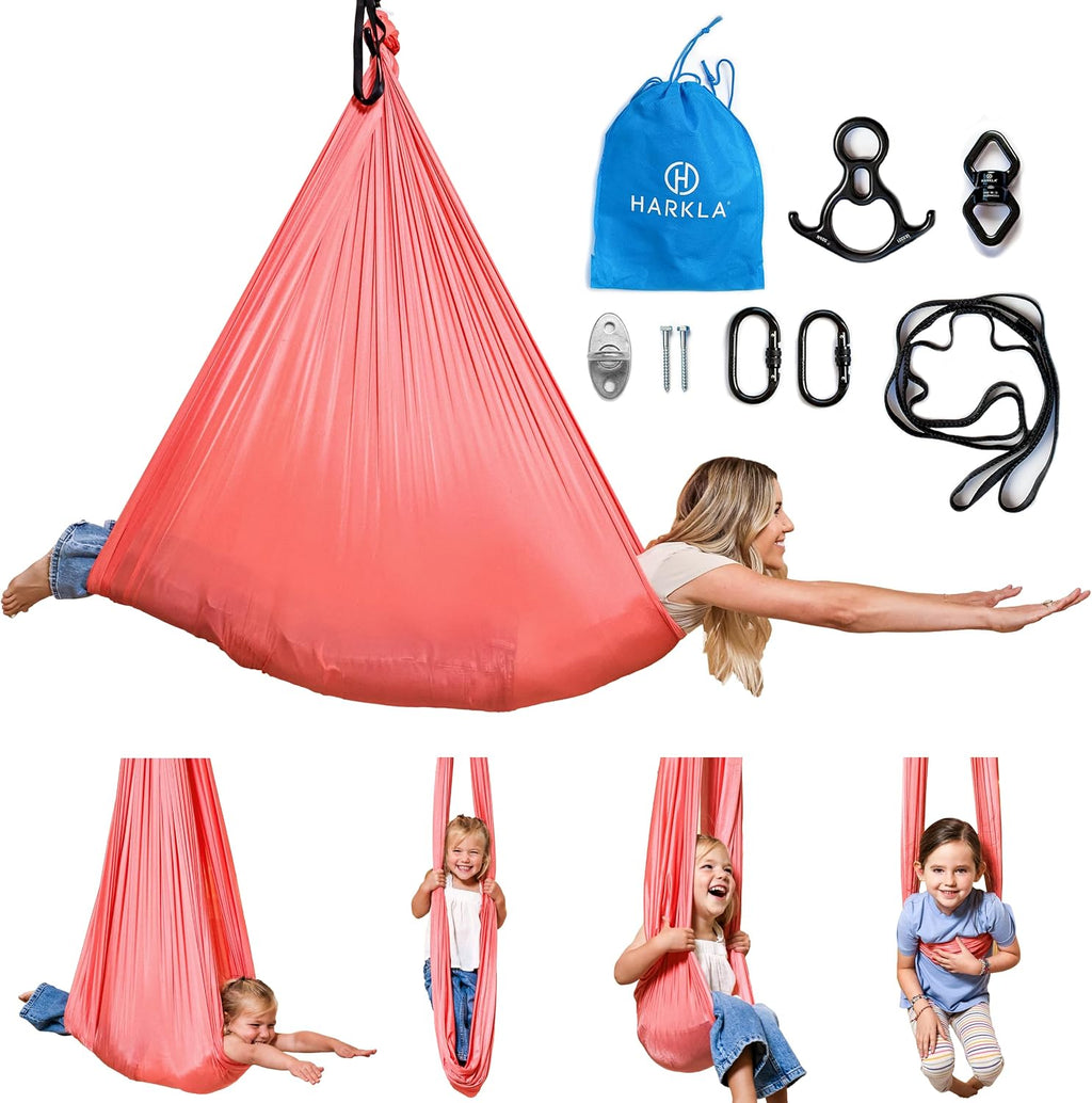 Harkla Sensory Swing for Kids & Adults - Holds 300lbs, Indoor Outdoor Sensory Swing for Hug Like Calming Effect - Durable Soft Stretch Fabric and Heavy Duty Hardware (Pink, 100' Swing + 5' Swivel)