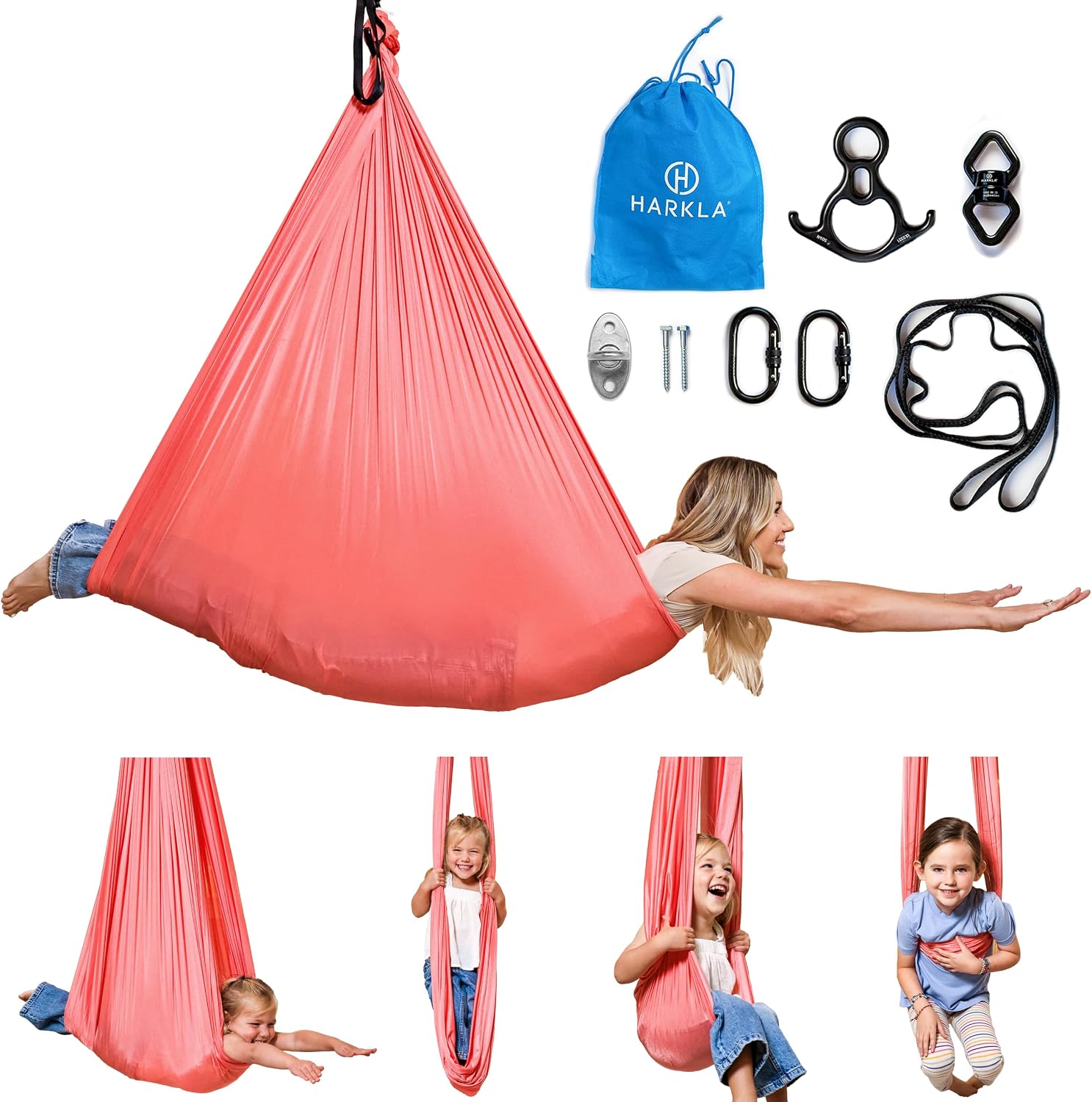 Harkla Sensory Swing for Kids & Adults - Holds 300lbs, Indoor Outdoor Sensory Swing for Hug Like Calming Effect - Durable Soft Stretch Fabric and Heavy Duty Hardware (Pink, 100' Swing + 5' Swivel)