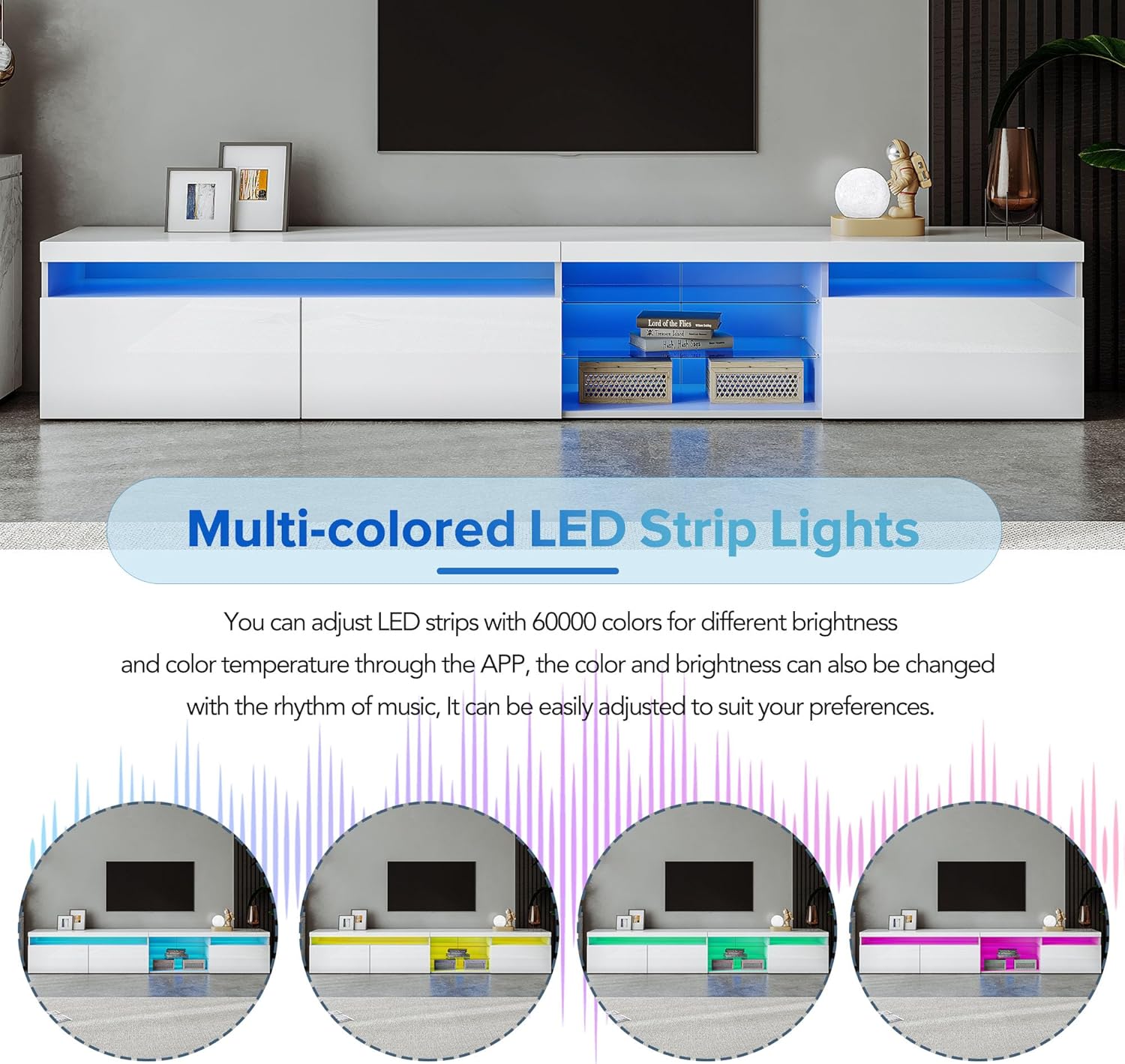 Bellemave LED TV Stand for TVs Up to 105',Ample Storage Space Media Console with 2 Glass Shelves,Versatile TV Cabinet with LED Color Changing Lights for Living Room (White)