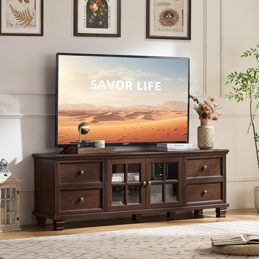 SAVOR LIFE Farmhouse TV Stands for Living Room, Brown Entertainment Center with Storage, Wood TV Console with 4 Drawers, Rustic TV Cabinet for 65 inch TV, Walnut