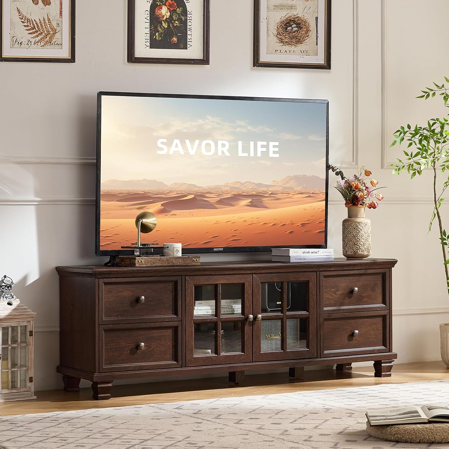 SAVOR LIFE Farmhouse TV Stands for Living Room, Brown Entertainment Center with Storage, Wood TV Console with 4 Drawers, Rustic TV Cabinet for 65 inch TV, Walnut