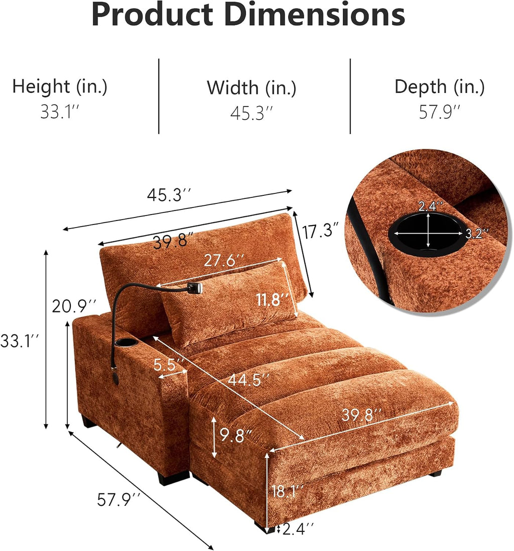 Yoglad Oversized Recliner Lounge Chair with USB Charging & Phone Holder - 400lb Heavy Duty Soft Chenille Reading Chair for Adults, Perfect for Small Spaces in Bedroom/Living Room, Orange