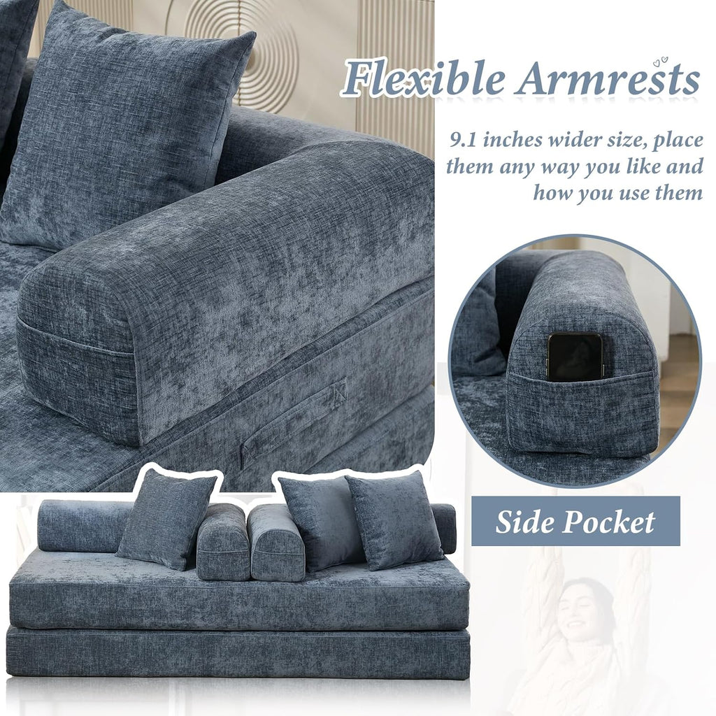 Futon Sofa Bed, Modular Convertible Folding 3 Seater Chenille Foam Floor Loveseat Sleeper Sofa Couch with 3 Pillows, No Assembly Compressed Boneless Couch, for Living Room Bedroom Guest Room, Blue