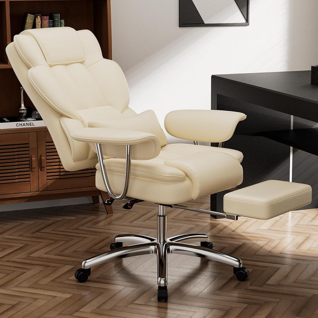 Office Chair, Big Executive Office Chair with Footrest, Ergonomic Reclining Chair High Back,Leather Computer Chair for Adult(Beige)