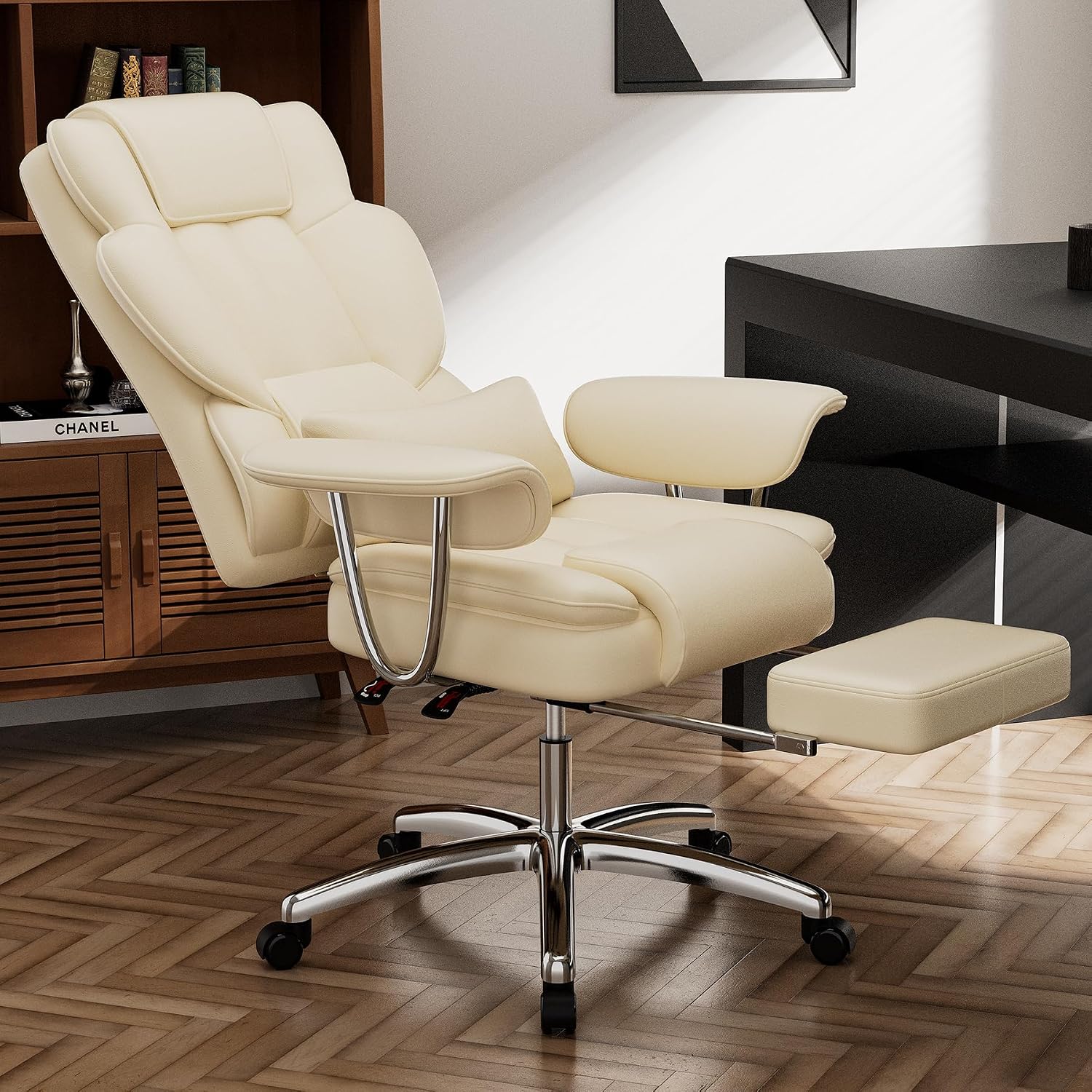 Office Chair, Big Executive Office Chair with Footrest, Ergonomic Reclining Chair High Back,Leather Computer Chair for Adult(Beige)