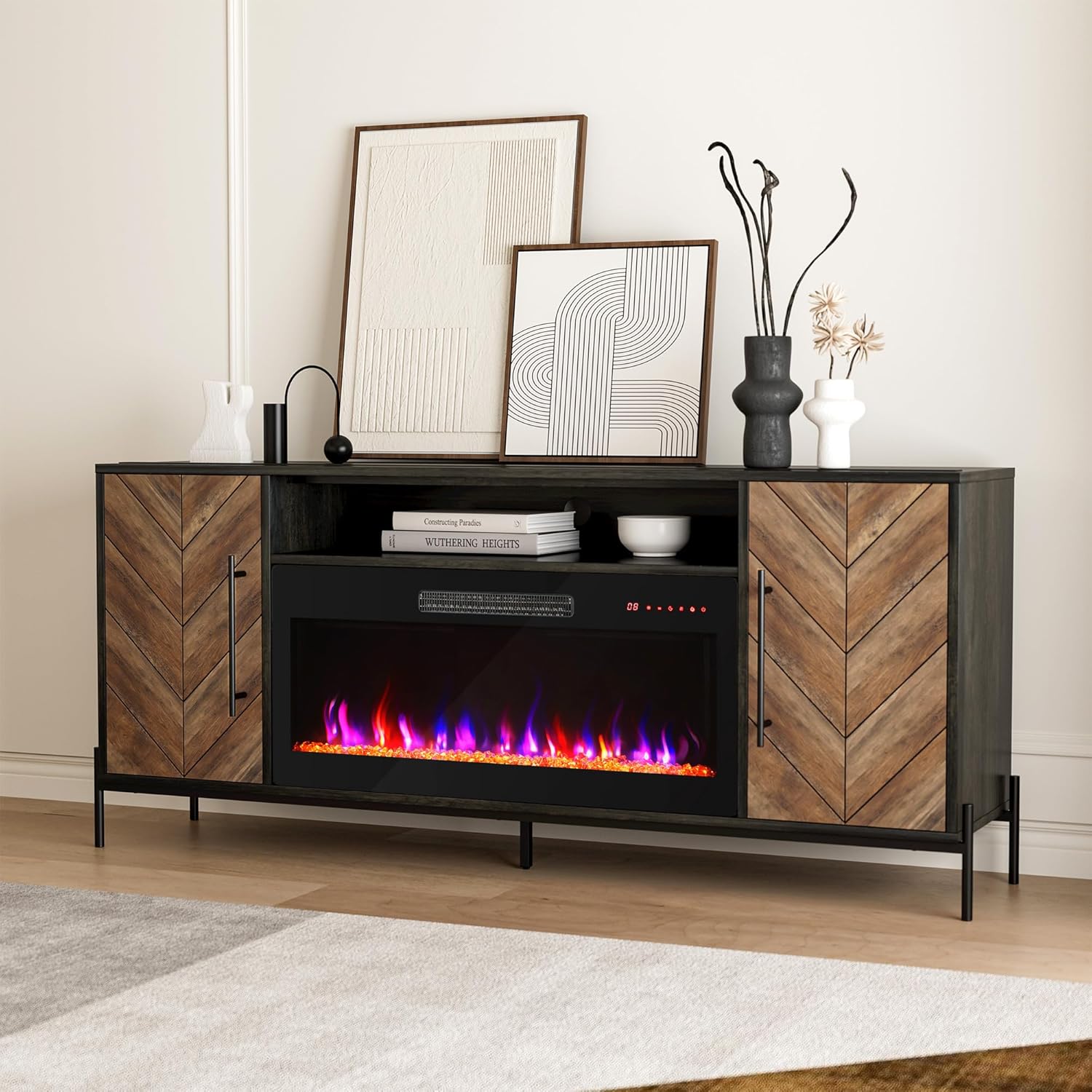 BELLEZE 68' TV Stand with 36' Electric Fireplace Heater, Entertainment Center with Storage Cabinet, Console Table for TVs up to 75' for Living Room, Bedroom - Harper (Black Ebony)