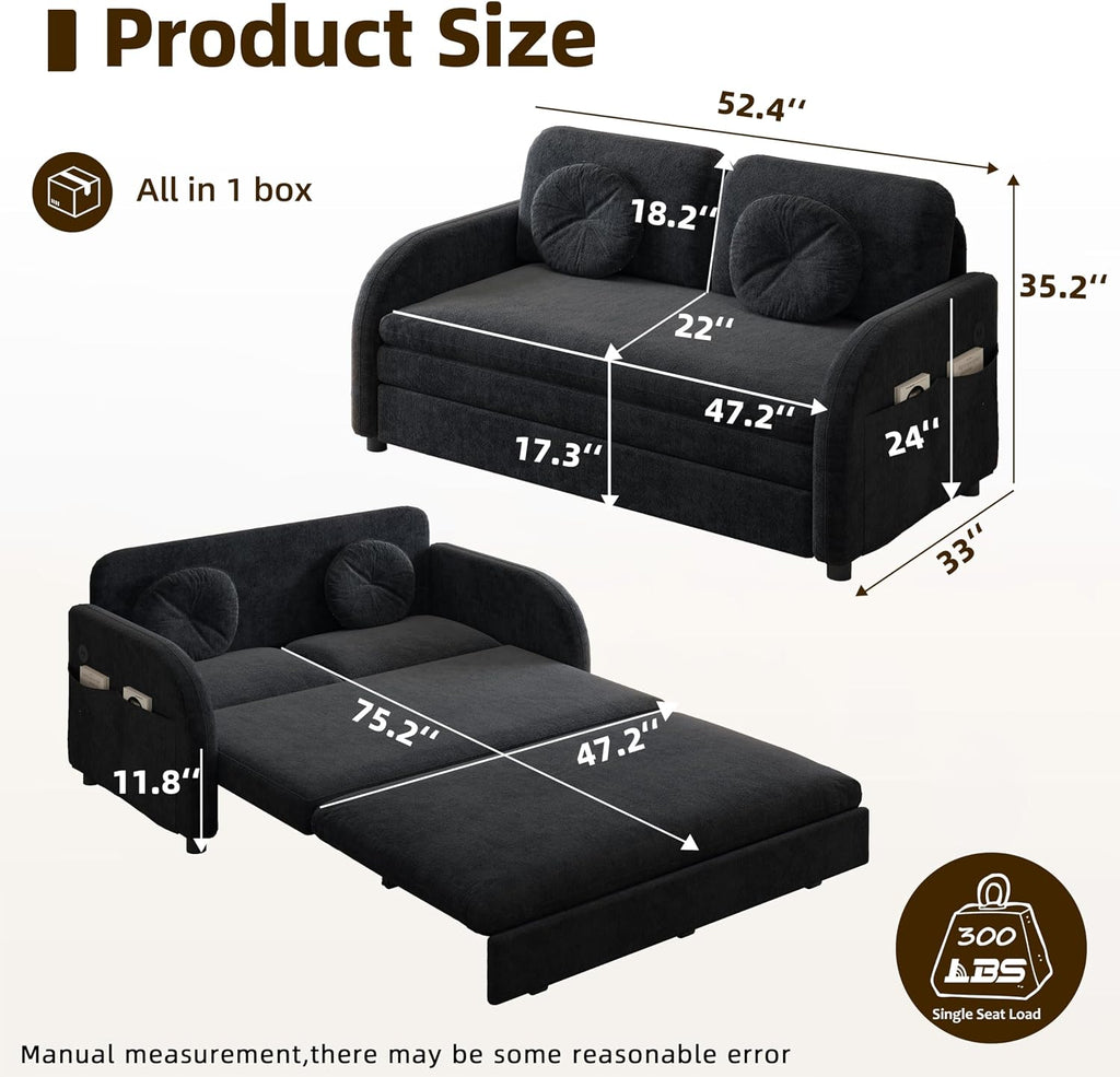 52.4'' Pull Out Couch Full-Size, Futon Sofa Bed, Convertible Sleeper Sofa Bed with USB Port, Storage Pockets, 2 Pillows, Modern Chenille Loveseat Couches for Living Room, Small Space, Black