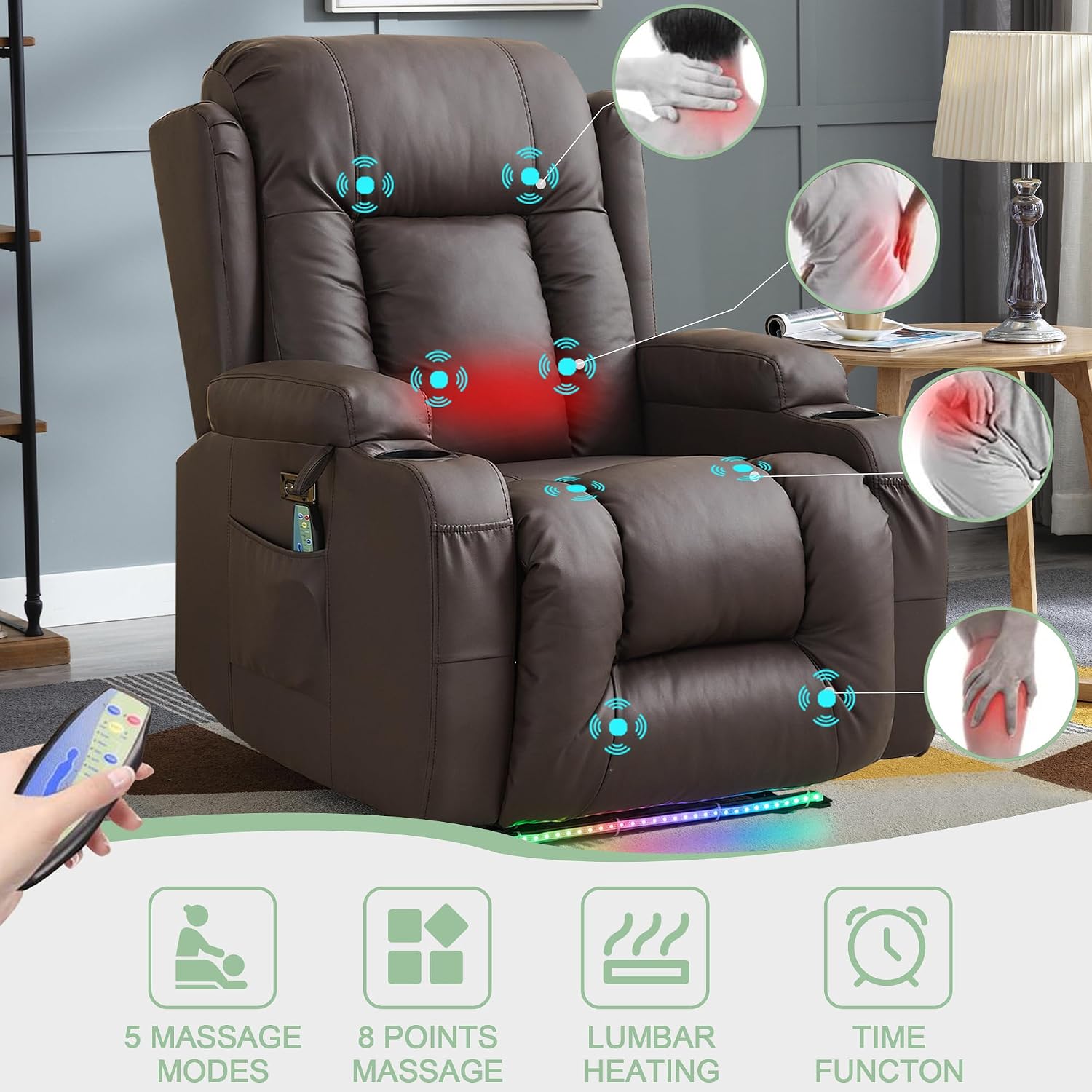 TUNYI Power Recliner Sofa with Massage & Heat Home Theater Seating with Console RV Recliner Sofa with USB/Storage/Side Pocket/LED Light/Speaker (Brown, 1PC)