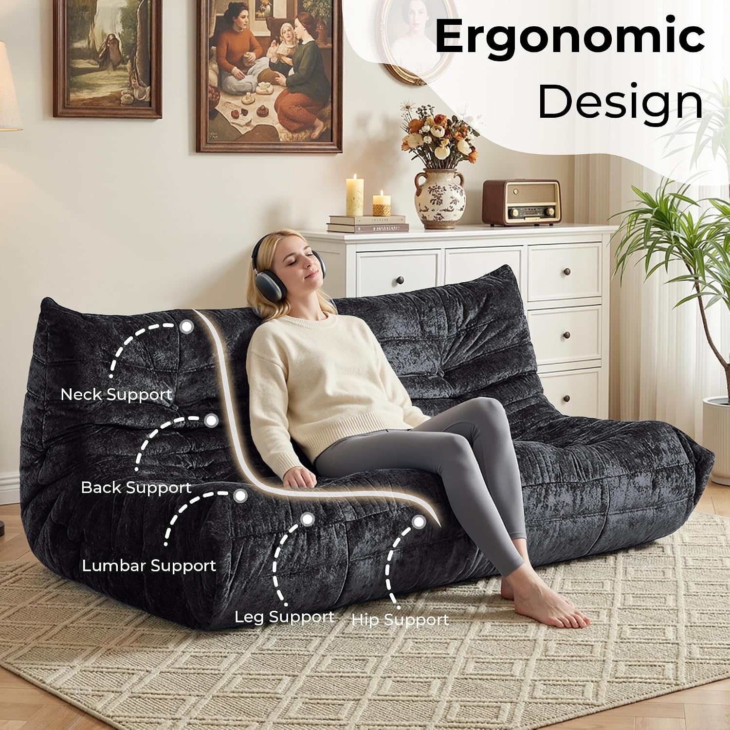 HABUTWAY Bean Bag Chair, Giant Bean Bag Chairs for Adults, 3 Seater Fireside Chair, Lazy Large Floor Bean Bag Sofa for Living Room, Bedroom, Dorm, Office (Black)