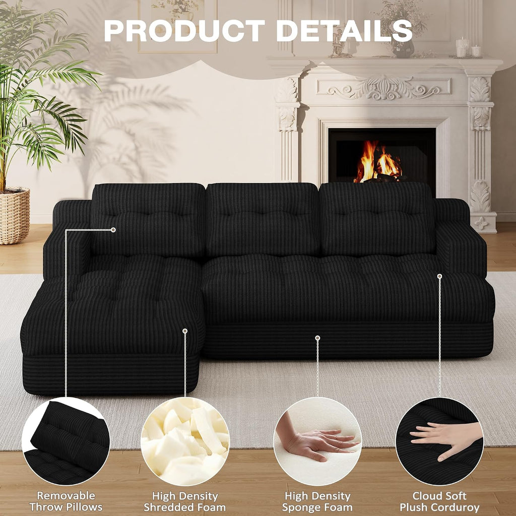 Boneless Couch, 2026 New Boneless Sectional Couch with Deep Seat & Chaise for Small Spaces, Upholstered Cloud Couch Sectional Boneless Couches for Living Room, No Assembly, Left Facing Chaise, Black