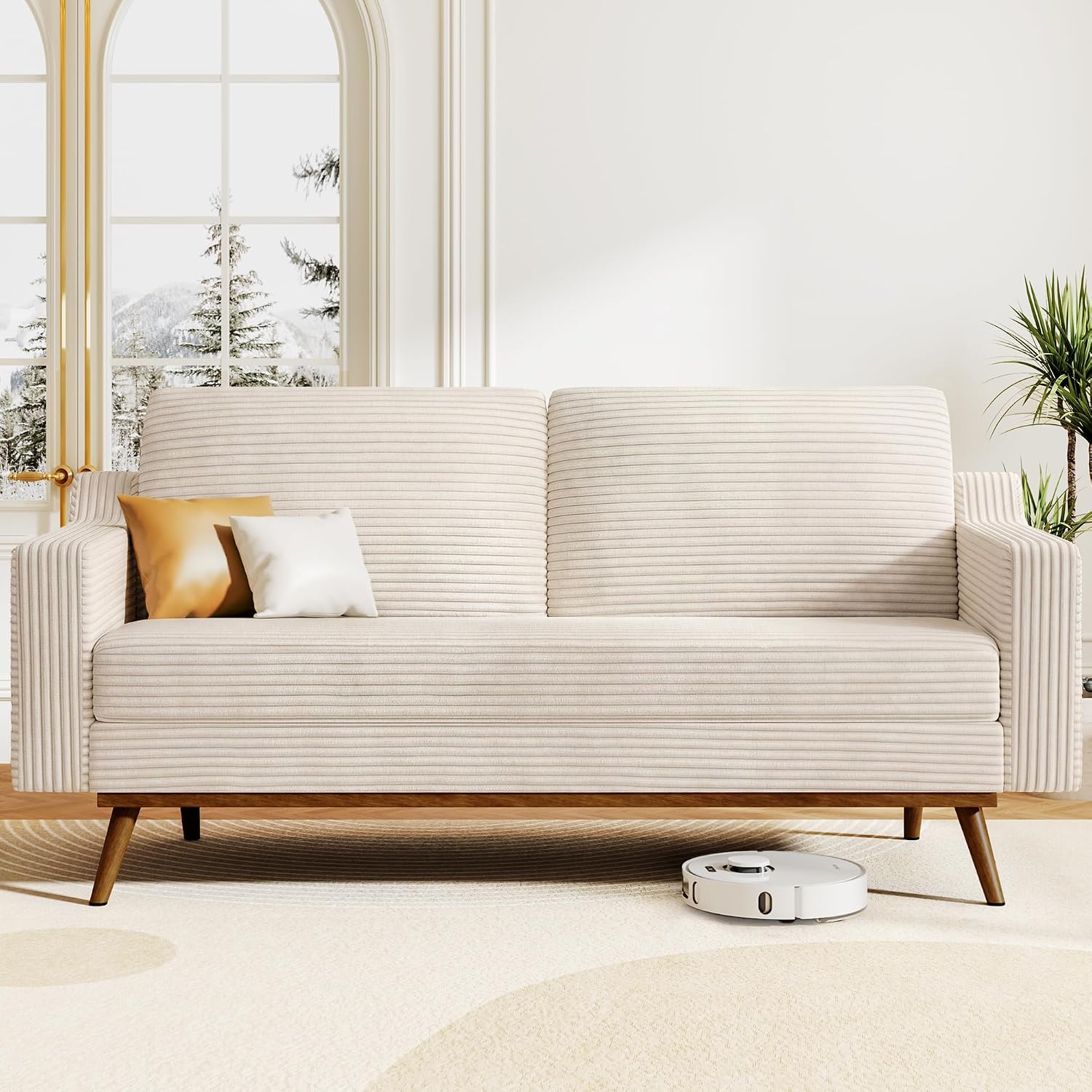 65.4' Loveseat Sofa,Comfy Cream White Corduroy Love Seat Couches for Living Room,Mid Century Modern Small Couch for Bedroom Office with Spring Cushion,Solid Wood Frame,Tool-Free Assembly