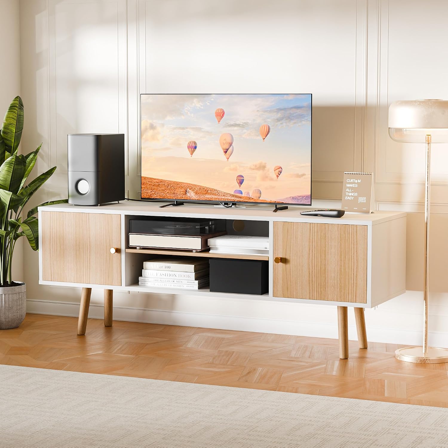 Cozy Castle TV Stand for 48-55 Inch TV, Mid Century Modern Entertainment Center with Storage Cabinet, TV Media Console with Charging Station for Living Room (Oak, 53.1' W x 15.7' D x 19.7' H)