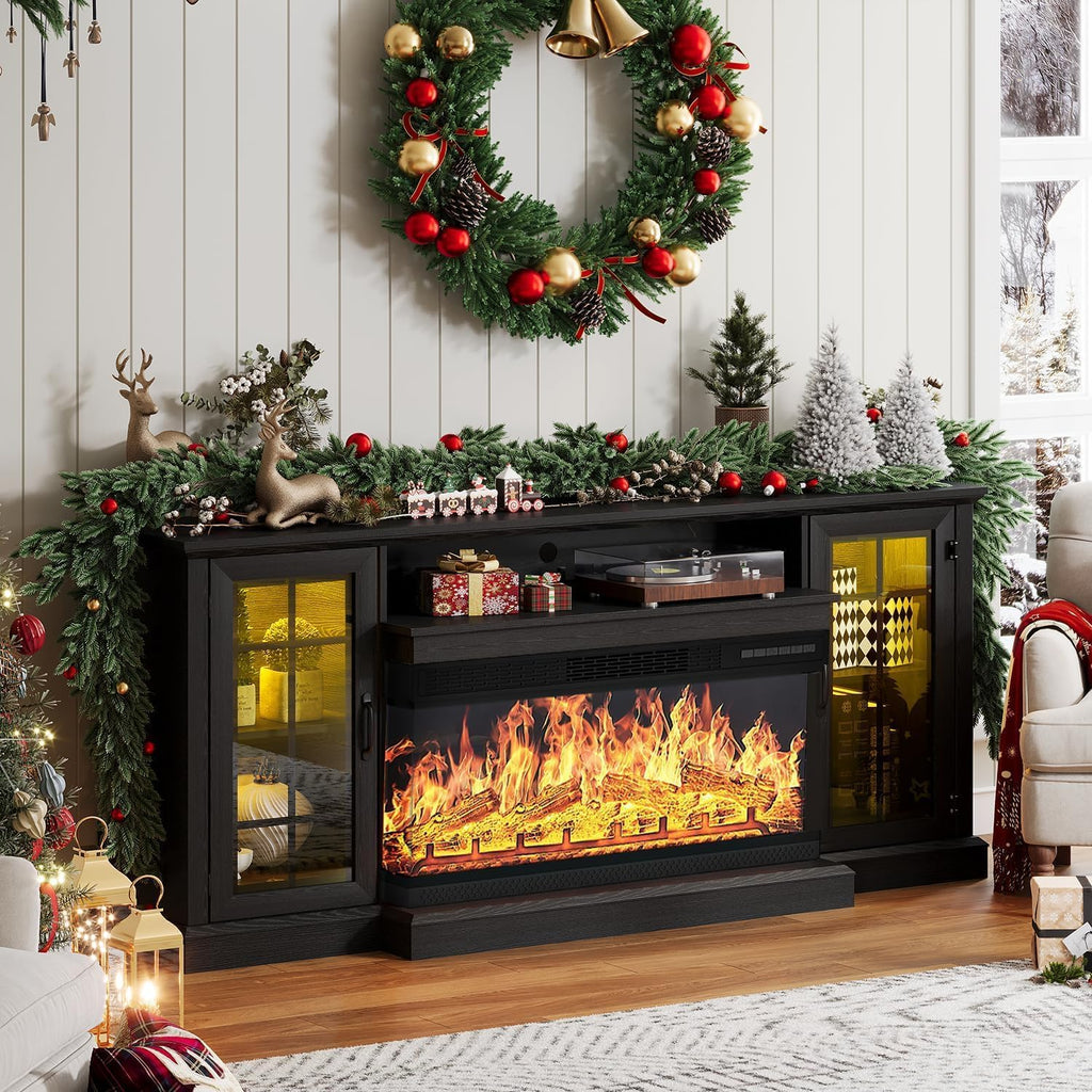 MXV 70'' Fireplace TV Stand, Farmhouse Entertainment Center with 3 Sided Glass TV Stand, Modern Media Console Table with Storage Drawers & Cabinets with LED Flame and Lights for Living Room, Black