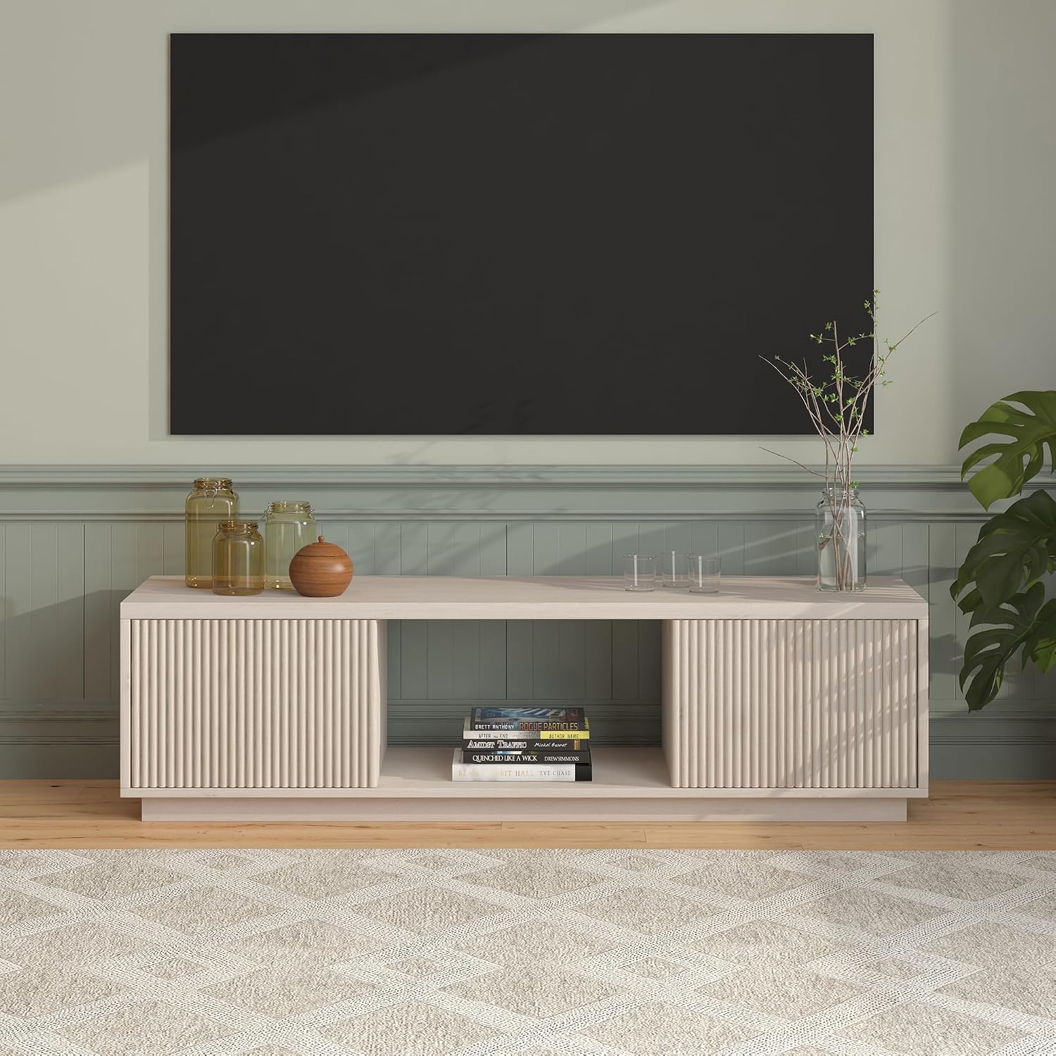 Henn&Hart Fluted TV Stand for TVs up to 65' with 2 Side Storage Cabinets and Open Center Storage for Living Room, Family Room, or Office, Beech White