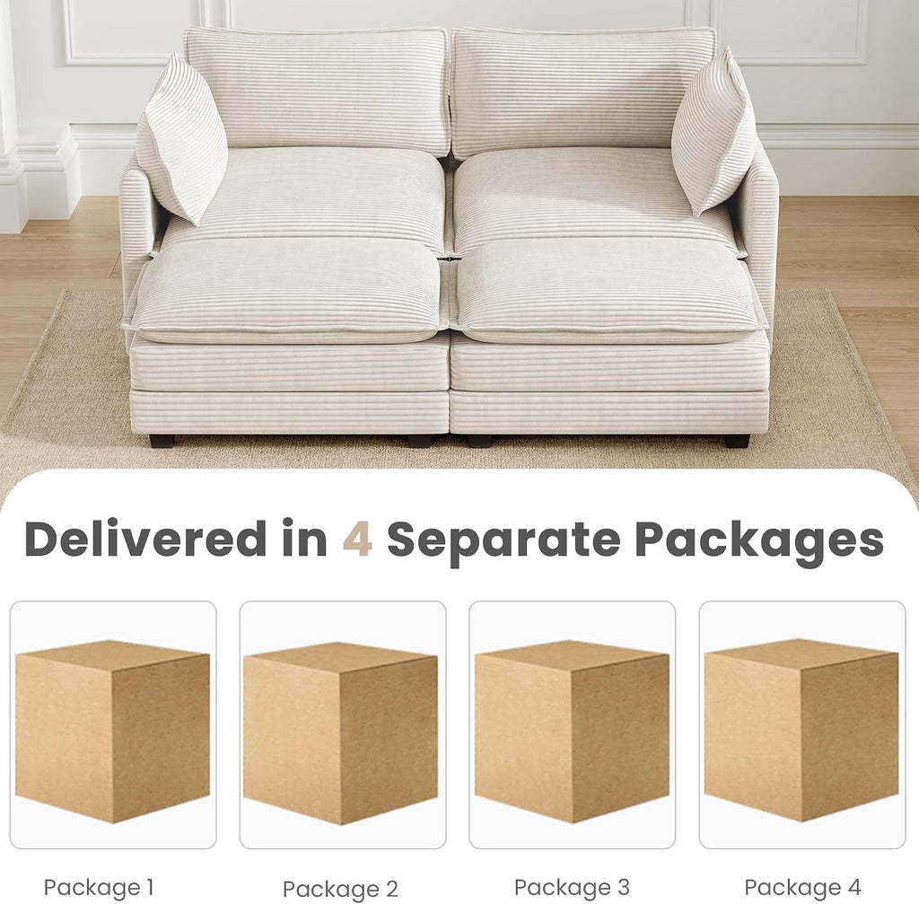 78'' Modular Sectional Cloud Couch with 2 Movable Ottoman, 4 Seat Comfy Modern Corduroy Sofa with 2 Throw Pillows, Deep Seat Sleeper Couch for Living Room Bedroom Apartment, Beige