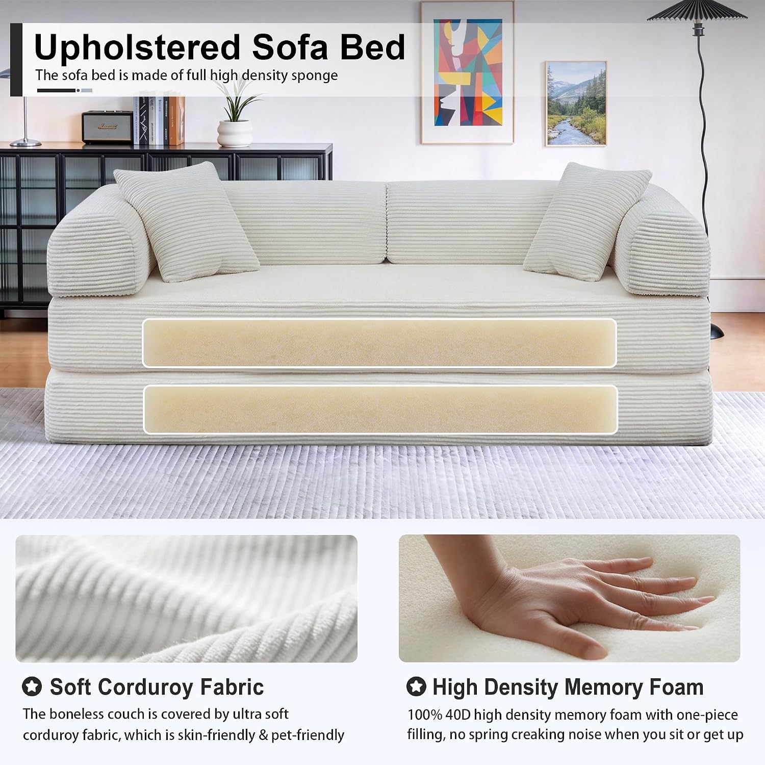 JJJ 78 inch Sofa Bed 4-in-1 Boneless Convertible Corduroy Sleeper Folding Couch with Fixed-Shape Frame and 2 Pillows Futons No-Assembly 3 Seater Upholstered for Living Room (Beige, 78 inch)