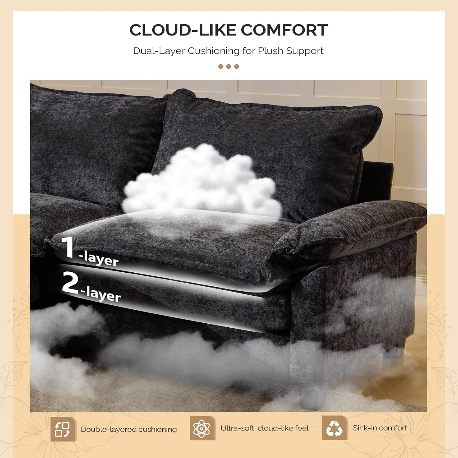 VINGLI 87' Convertible Sectional Sofa,L-Shape Deep Seat Sofa Couch for Living Room,Modern Chenille 2 Seat Loveseat Sofa with Ottoman for Small Space(Black, 87')