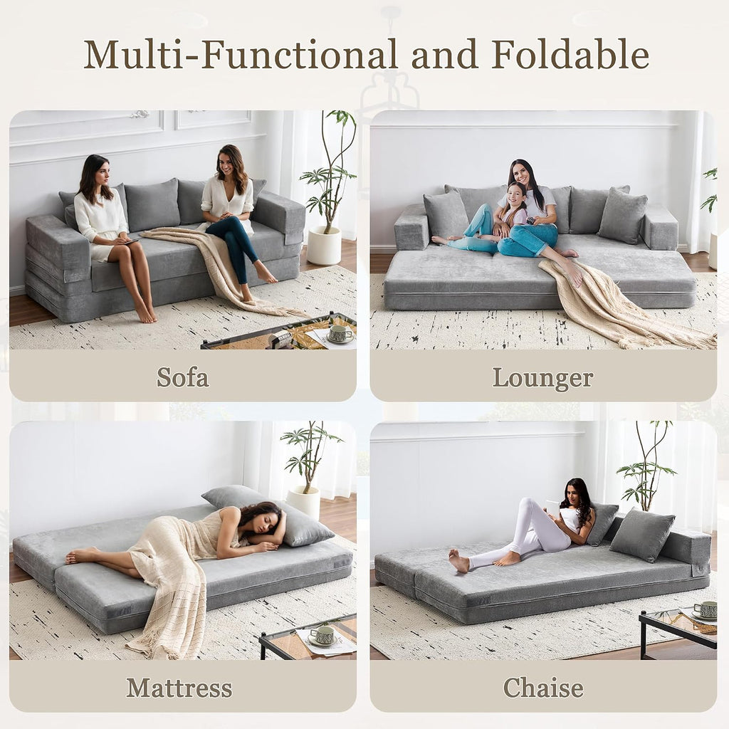 MELLCOM 79' Convertible Folding Sofa Bed Queen, Sleeper Sofa Couch with Armrest and Pillows, Chenille Fold Out Floor Chaise Lounge, Comfy Foldable Futon Mattress for Living Room, Bedroom (Grey 7.87')