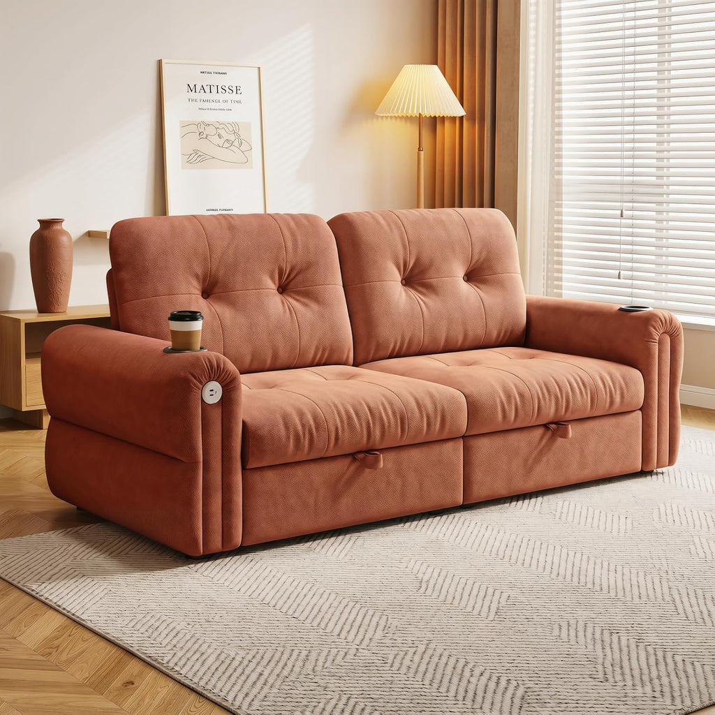 Convertible Couches, Queen Size Pull Out Sofa Bed with USB Charging Port and Cup Holders, Chenille Fabric Convertible Sofa Bed for Small Space, Living Room, Apartment, Guest Room, Orange