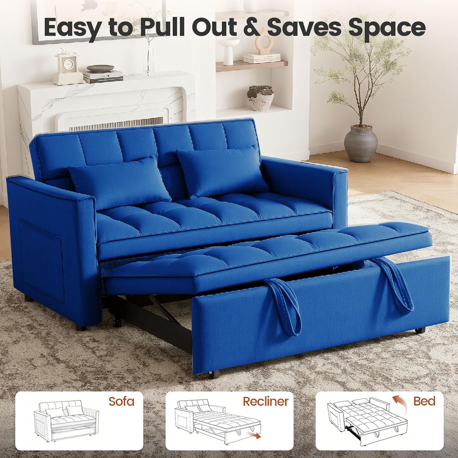 Convertible Sofa Bed, Pull Out Couch with Side Pockets, 3 in 1 Velvet Fabric Loveseat Sleeper Sofa Bed, Pull Out Couch with Adjustable Backrest for Living Room, Bedroom, Apartment, Blue