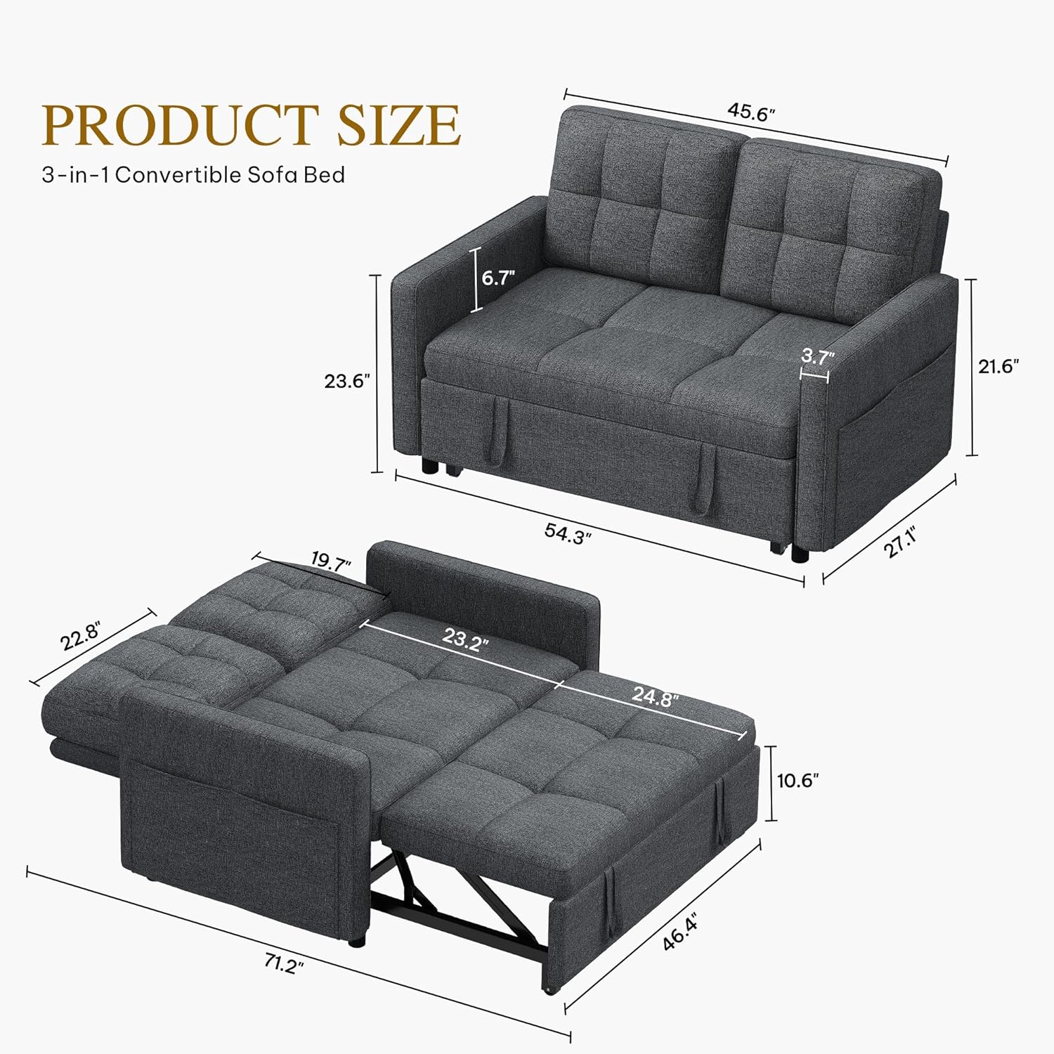 DWVO 55' Convertible Sofa Bed, 3-in-1 Sleeper Sofa with Pull-Out Bed, Linen Futon Couch with Adjustable Backrest and Side Pocket, Modern Loveseat for Living Room Apartment, Grey